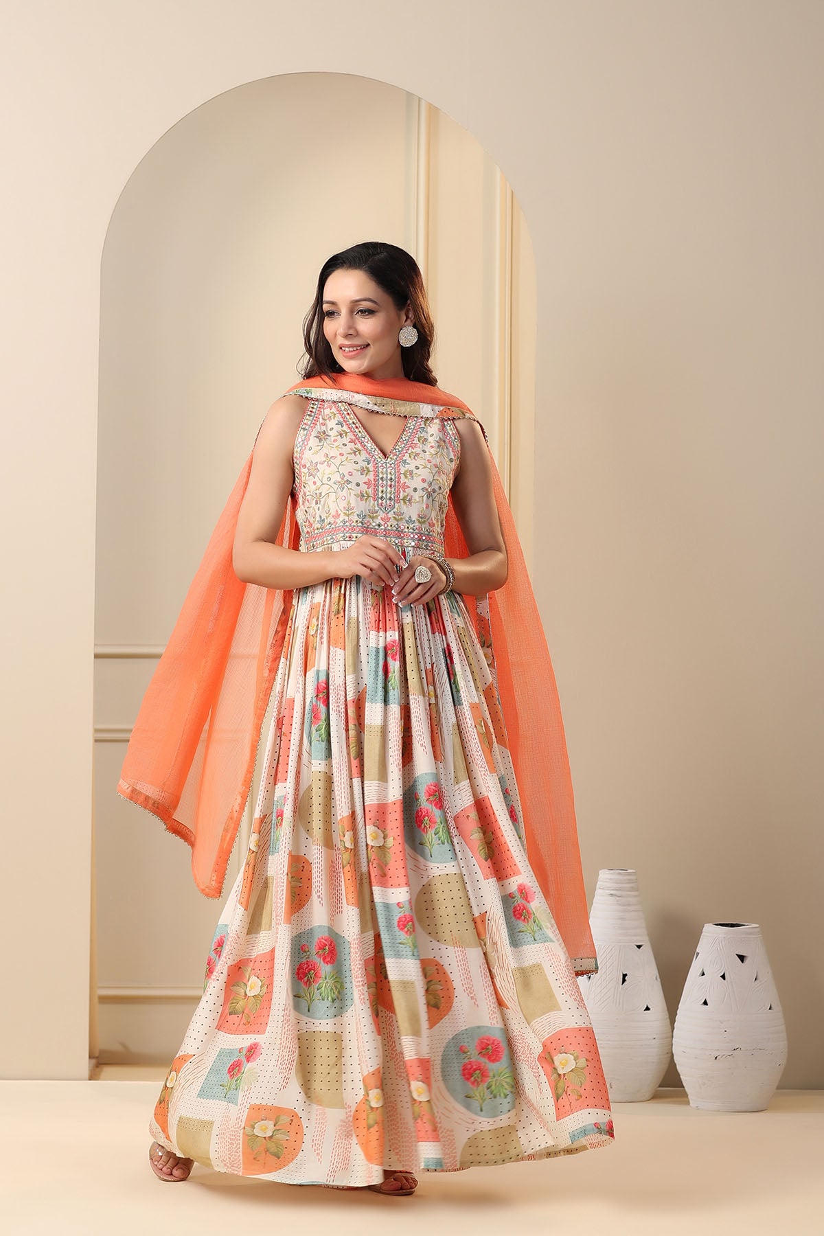 Peach Multicolour Muslin Embroidered Gown Set