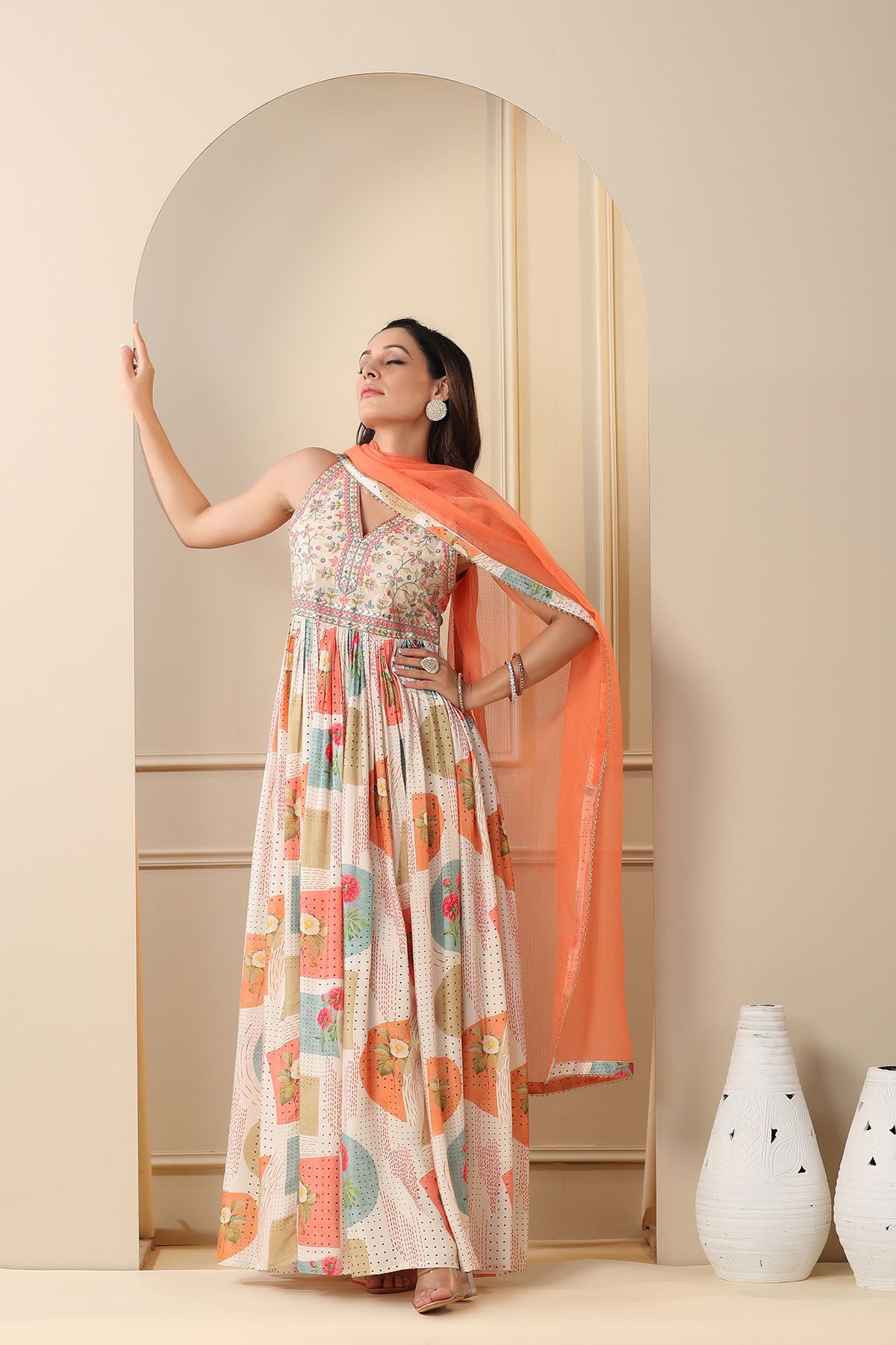 Peach Multicolour Muslin Embroidered Gown Set