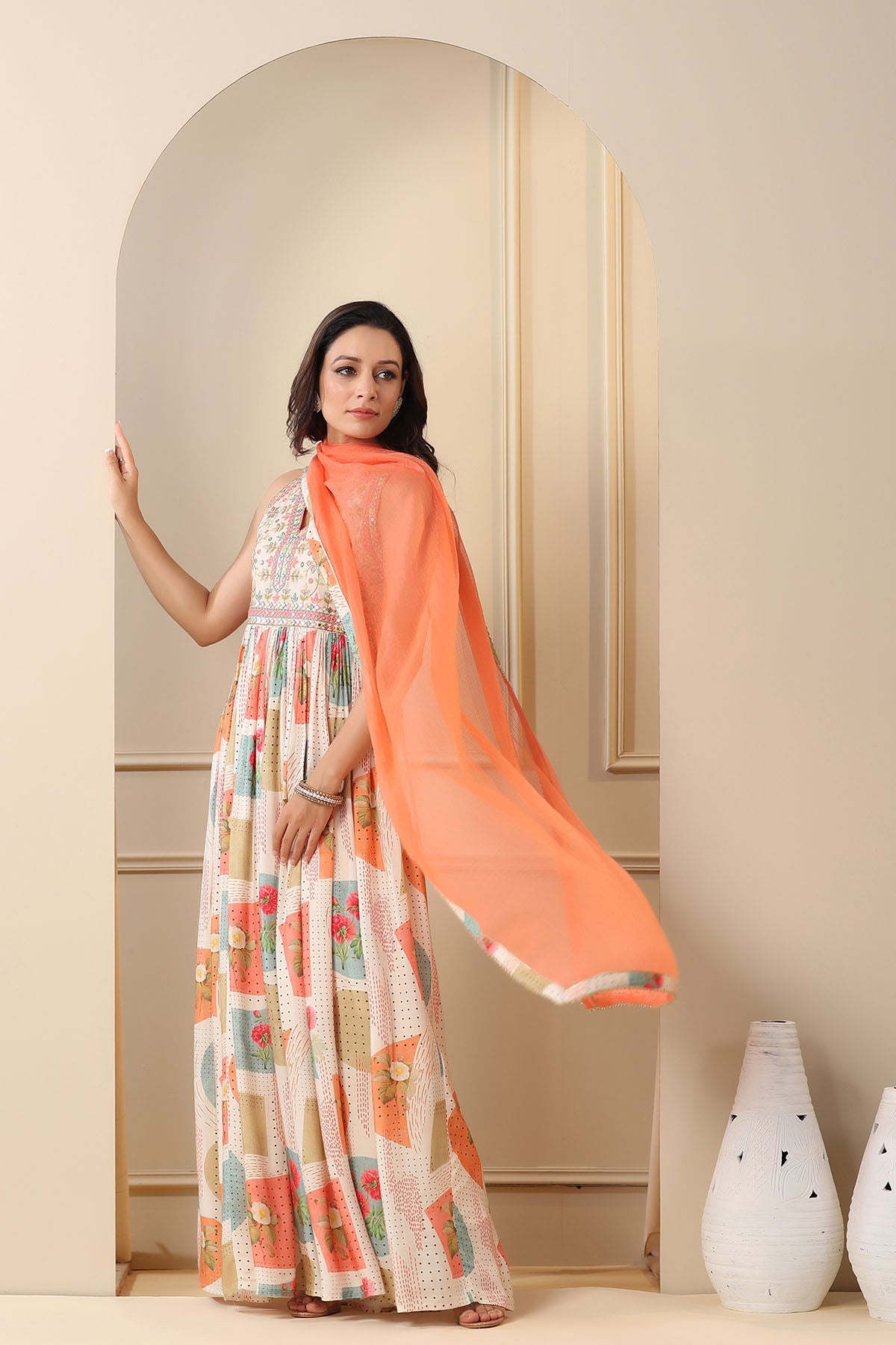 Peach Multicolour Muslin Embroidered Gown Set