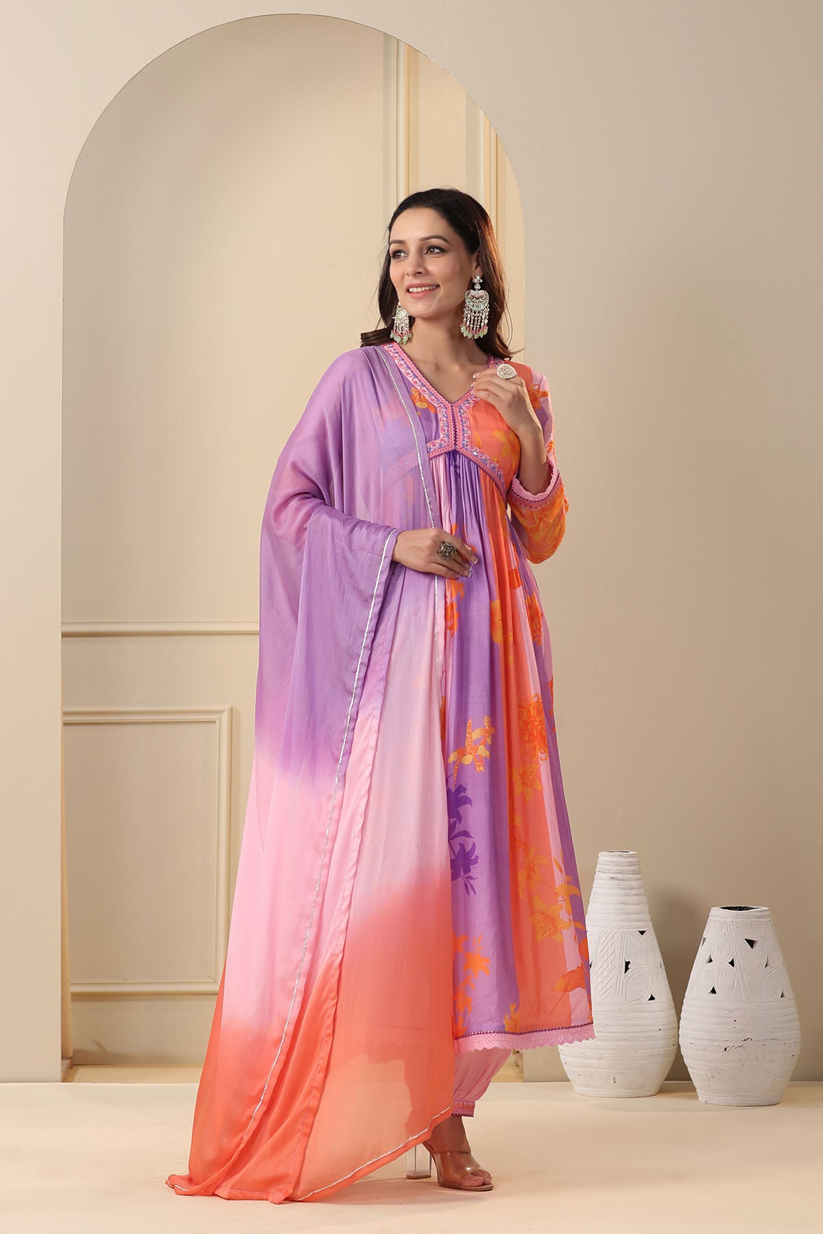 Purple Multicolor Muslin Printed Anarkali Suit