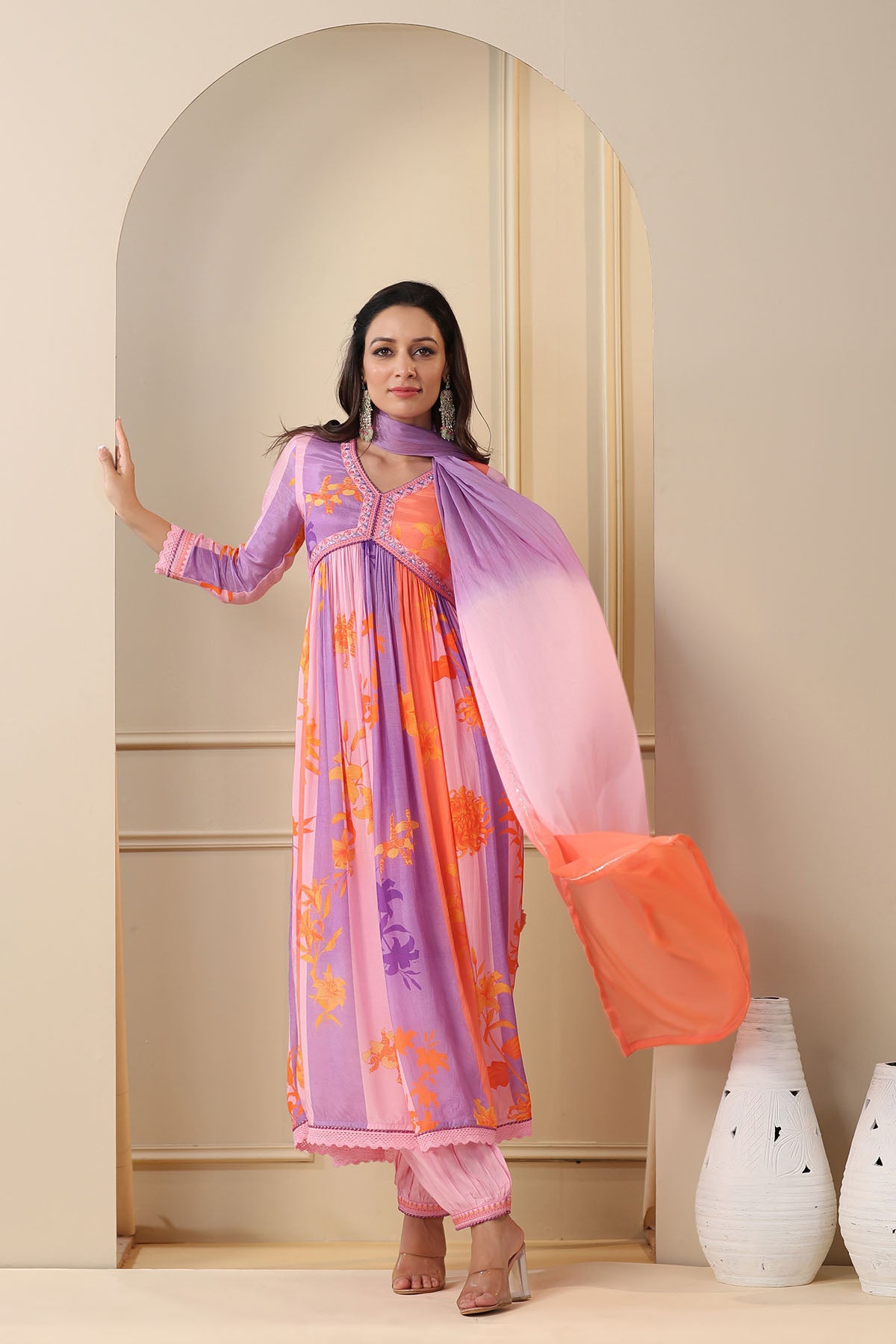 Purple Multicolor Muslin Printed Anarkali Suit
