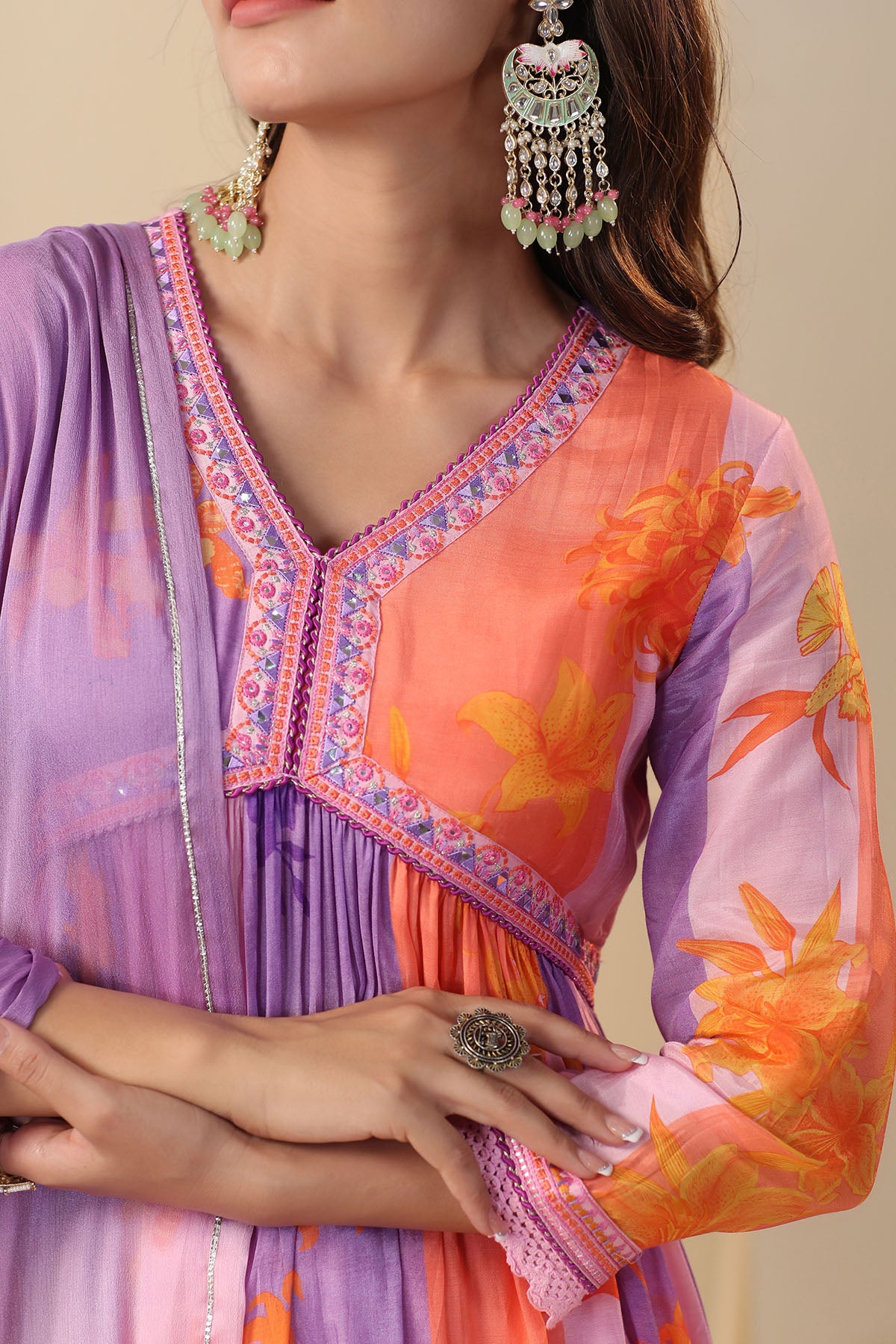 Purple Multicolor Muslin Printed Anarkali Suit