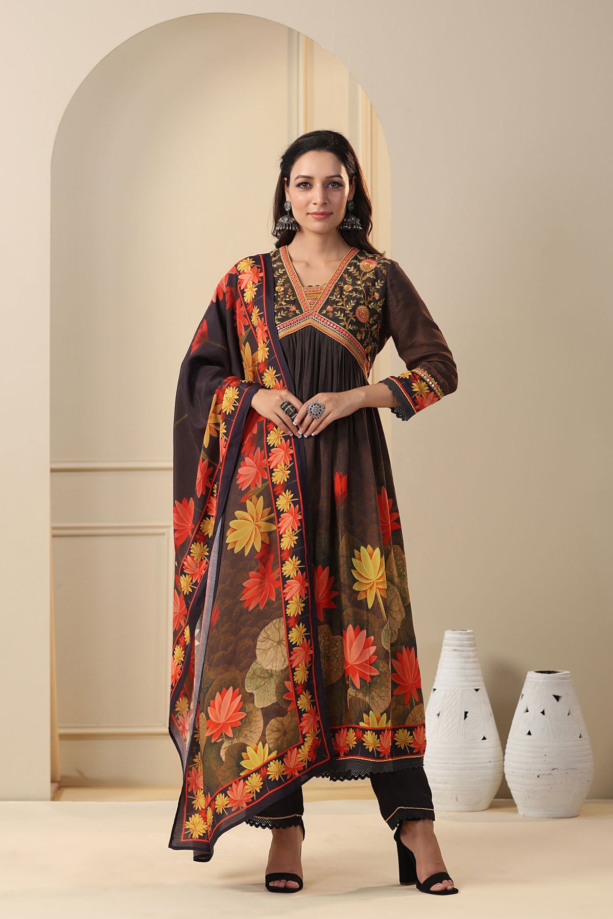 Black Floral Muslin Embroidered Suit Set