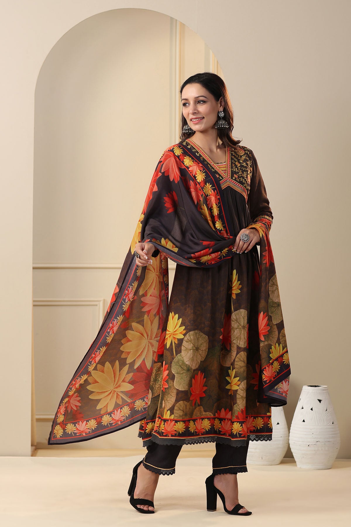 Black Floral Muslin Embroidered Suit Set
