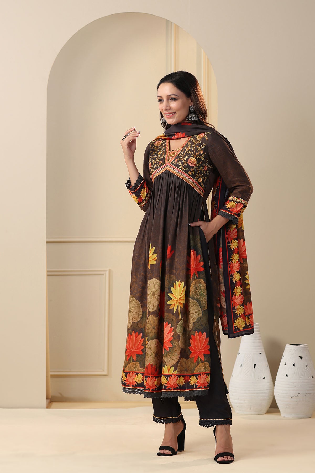 Black Floral Muslin Embroidered Suit Set