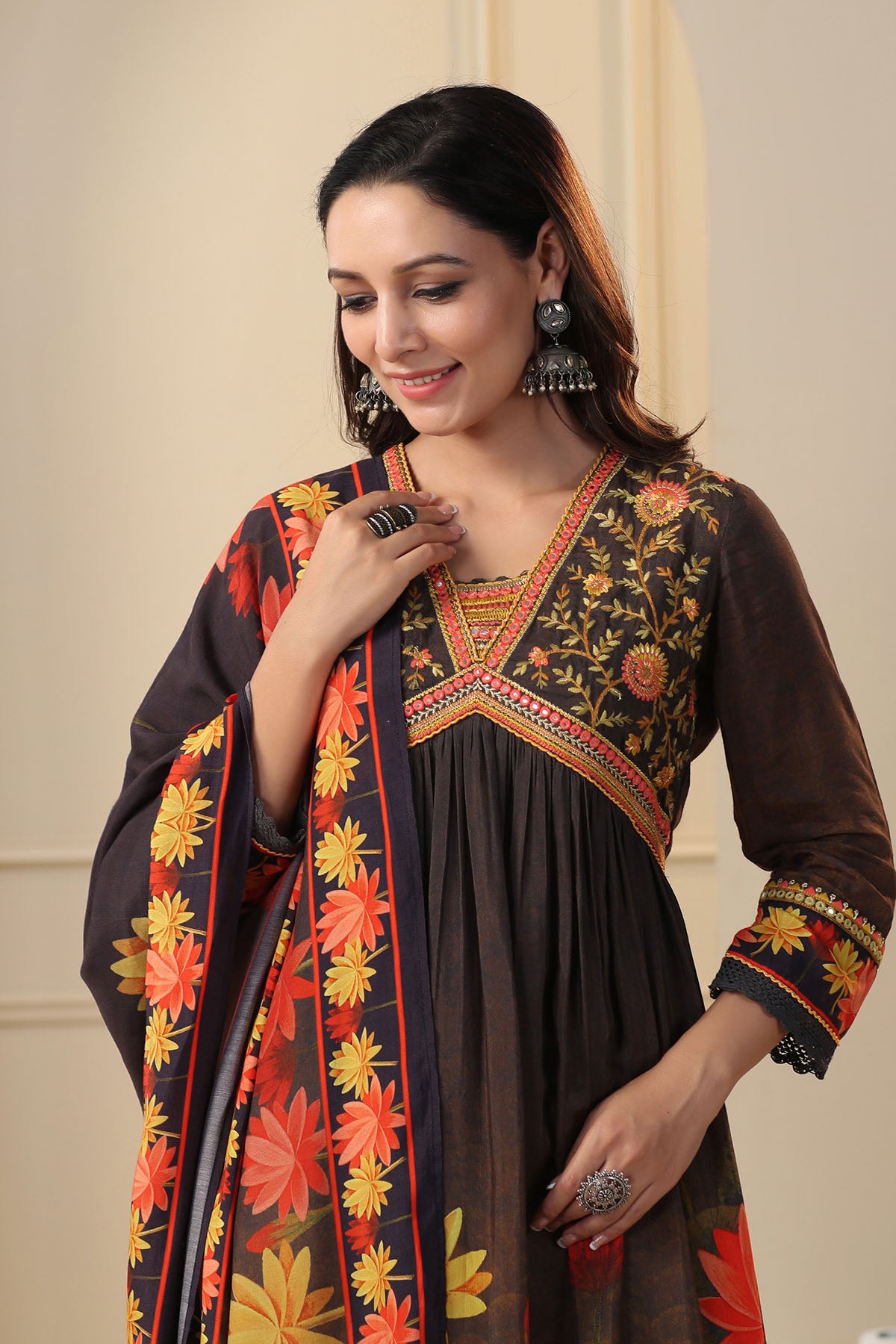 Black Floral Muslin Embroidered Suit Set