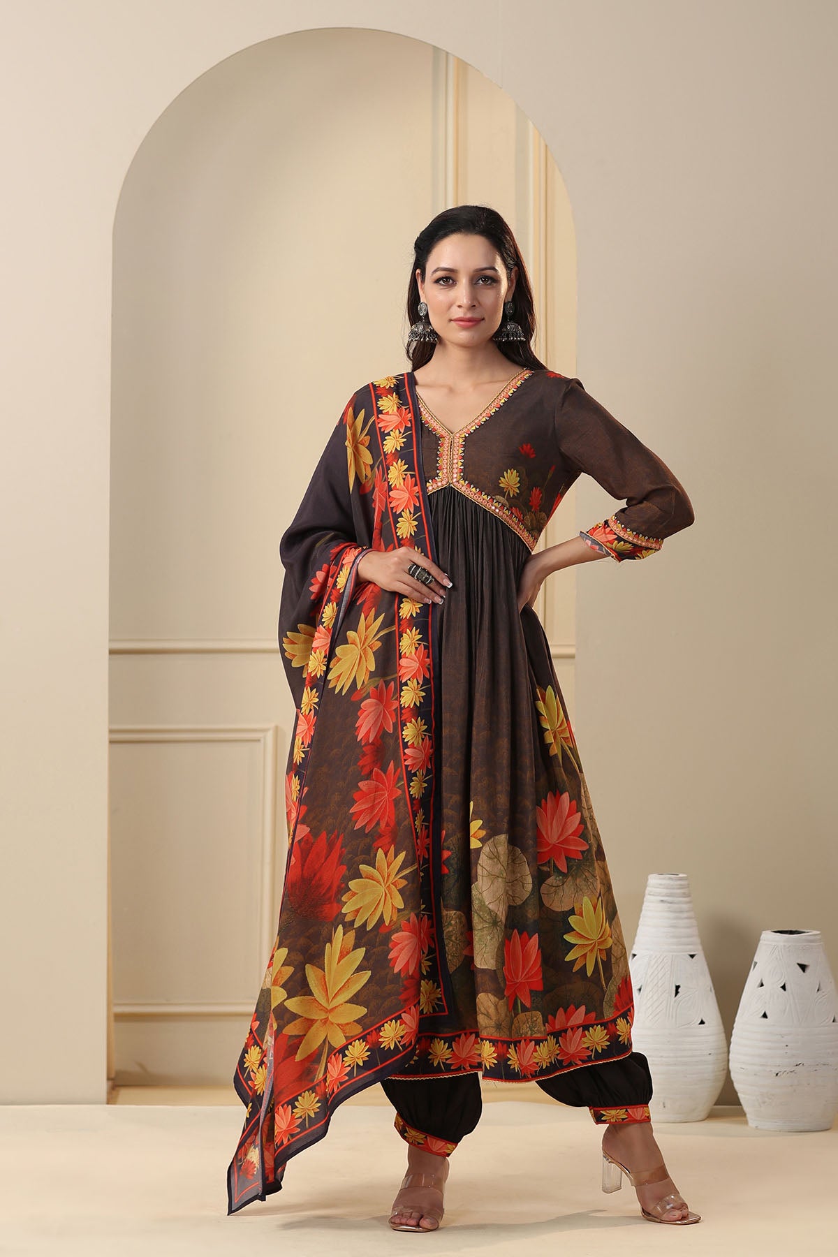 Black Floral Muslin Printed Anarkali Suit