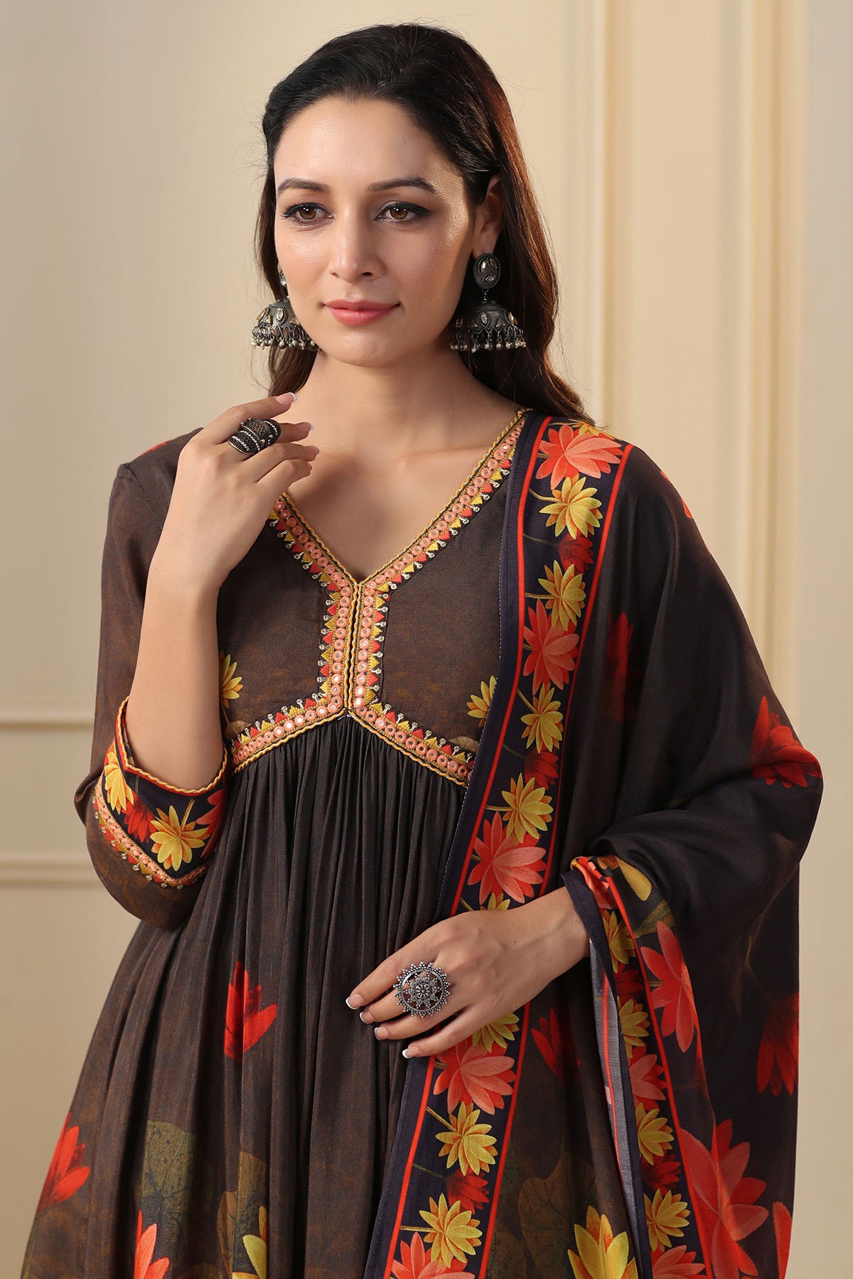 Black Floral Muslin Printed Anarkali Suit