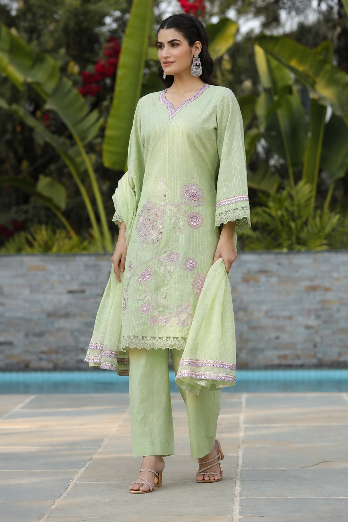 Green Cotton Embroidered Kurta Set With Dupatta