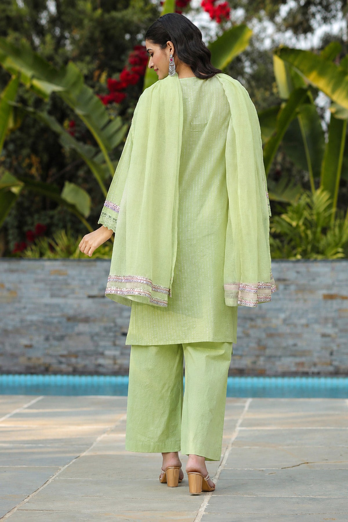 Green Cotton Embroidered Kurta Set With Dupatta
