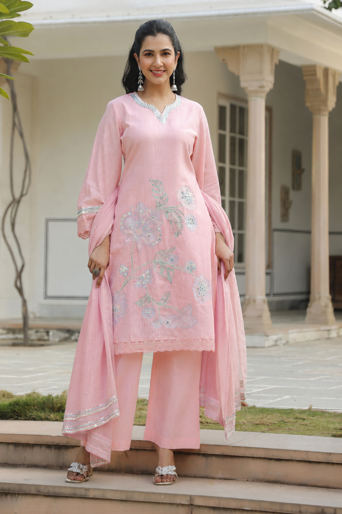Pink Cotton Embroidered Kurta Set With Dupatta
