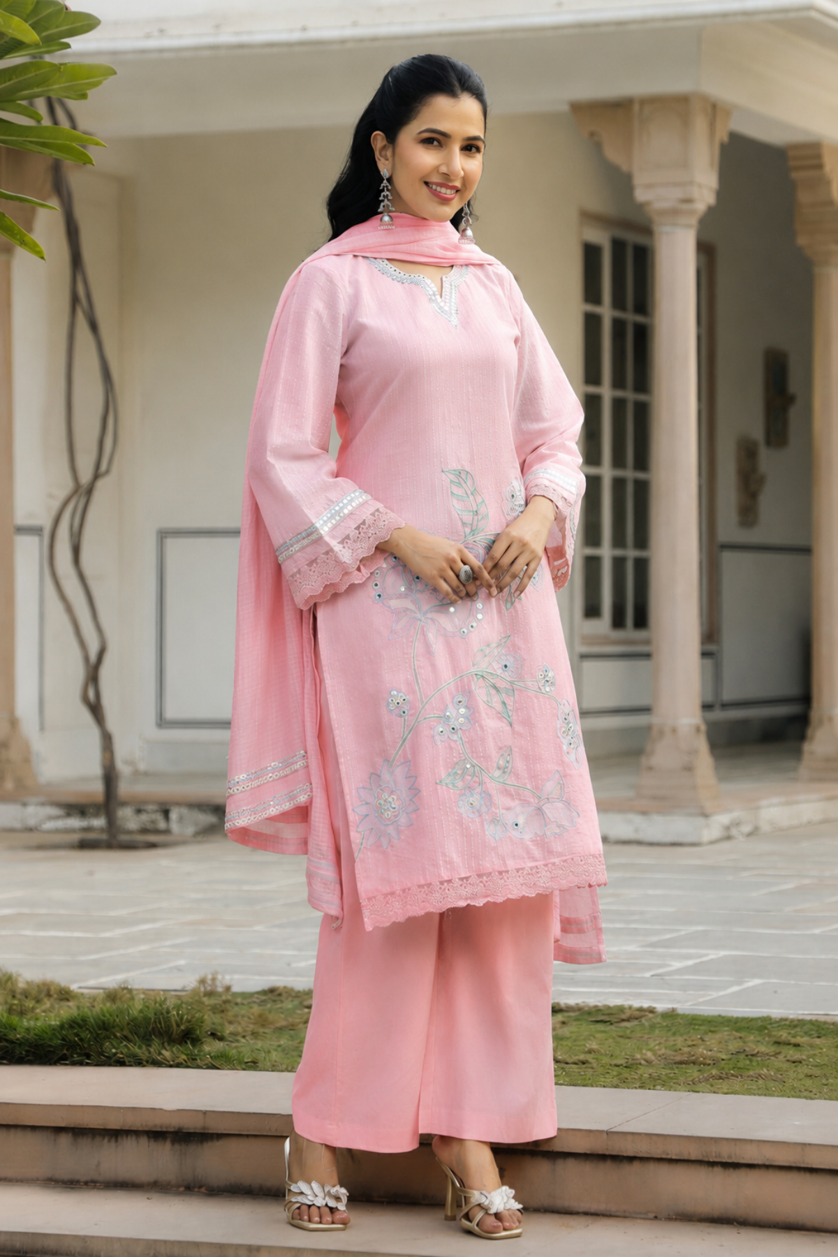 Pink Cotton Embroidered Kurta Set With Dupatta