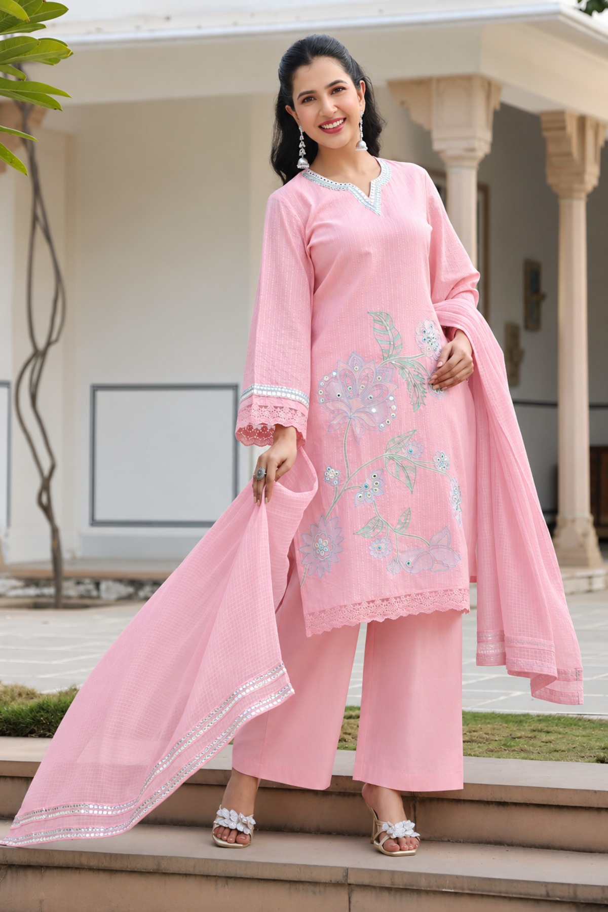 Pink Cotton Embroidered Kurta Set With Dupatta