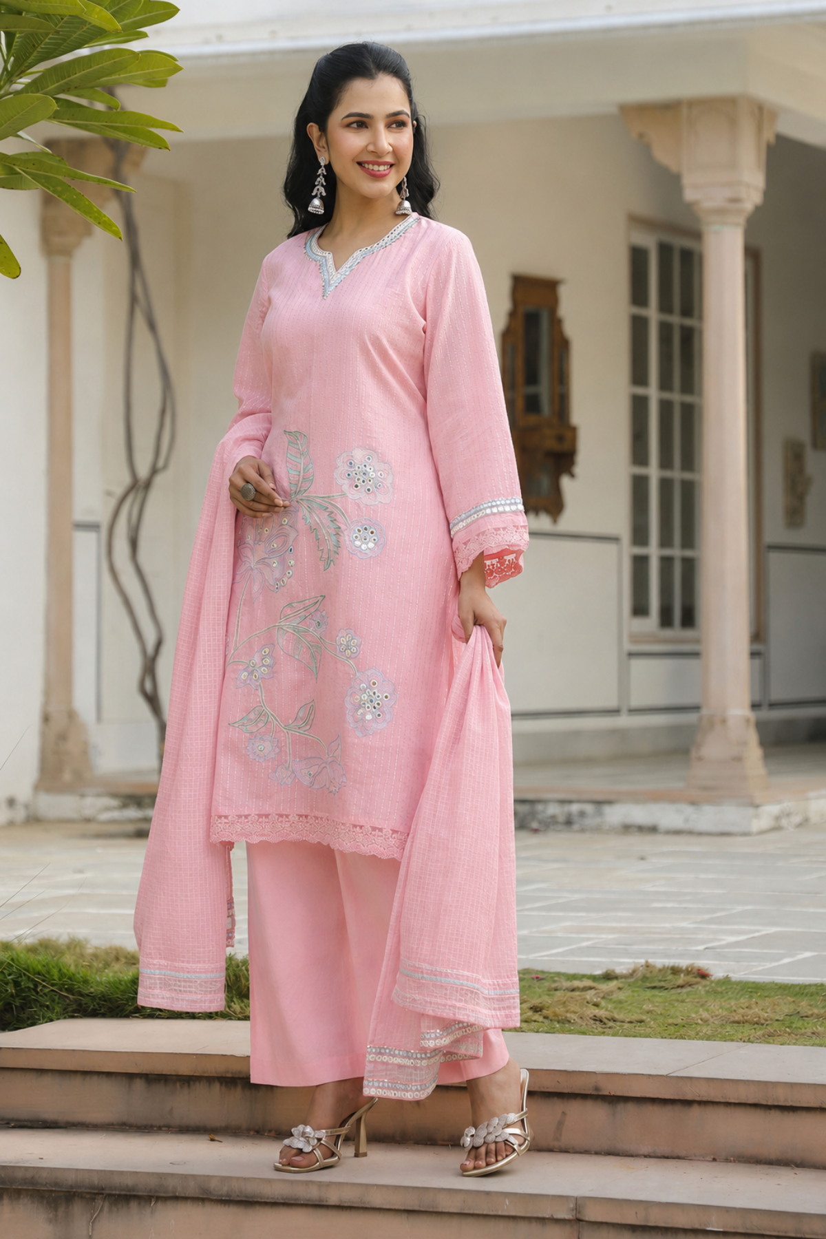 Pink Cotton Embroidered Kurta Set With Dupatta