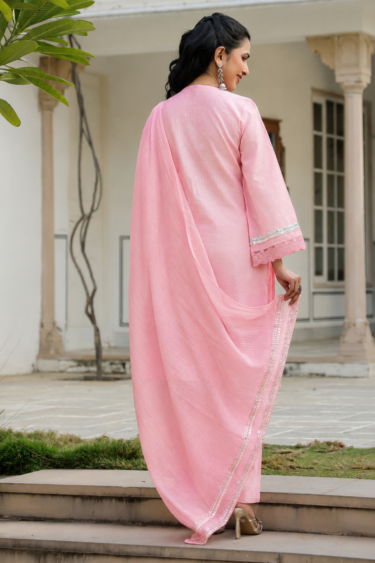 Pink Cotton Embroidered Kurta Set With Dupatta