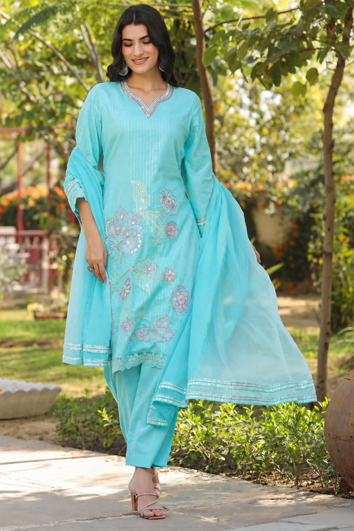 Sky Blue Cotton Embroidered Kurta Set With Dupatta