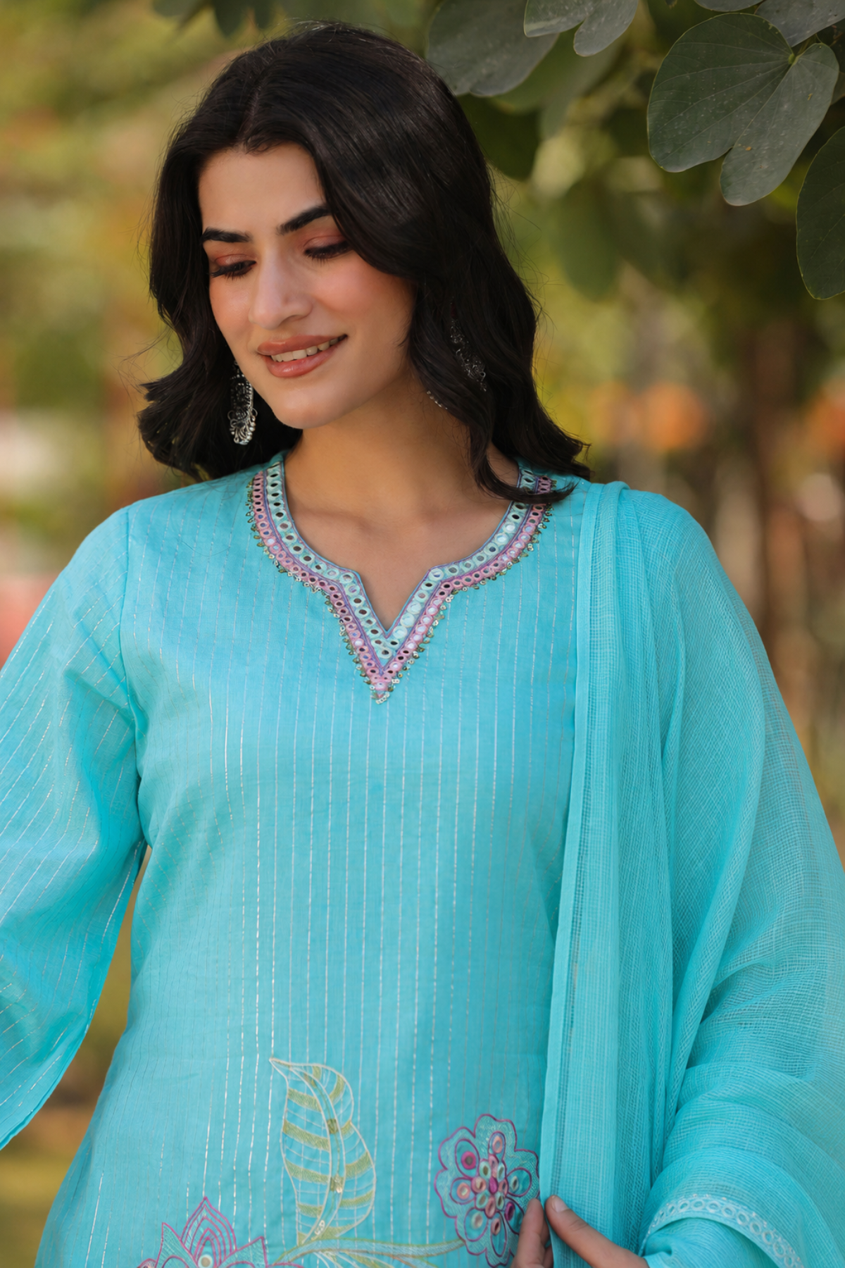 Sky Blue Cotton Embroidered Kurta Set With Dupatta
