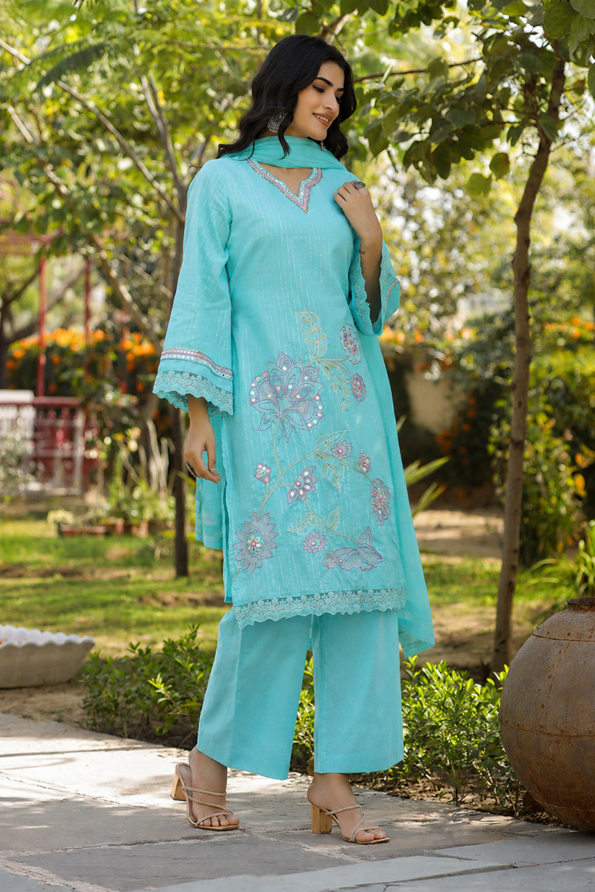 Sky Blue Cotton Embroidered Kurta Set With Dupatta