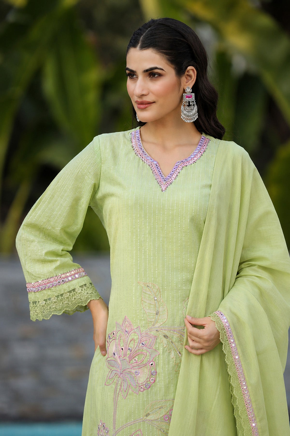 Green Cotton Embroidered Kurta Set With Dupatta