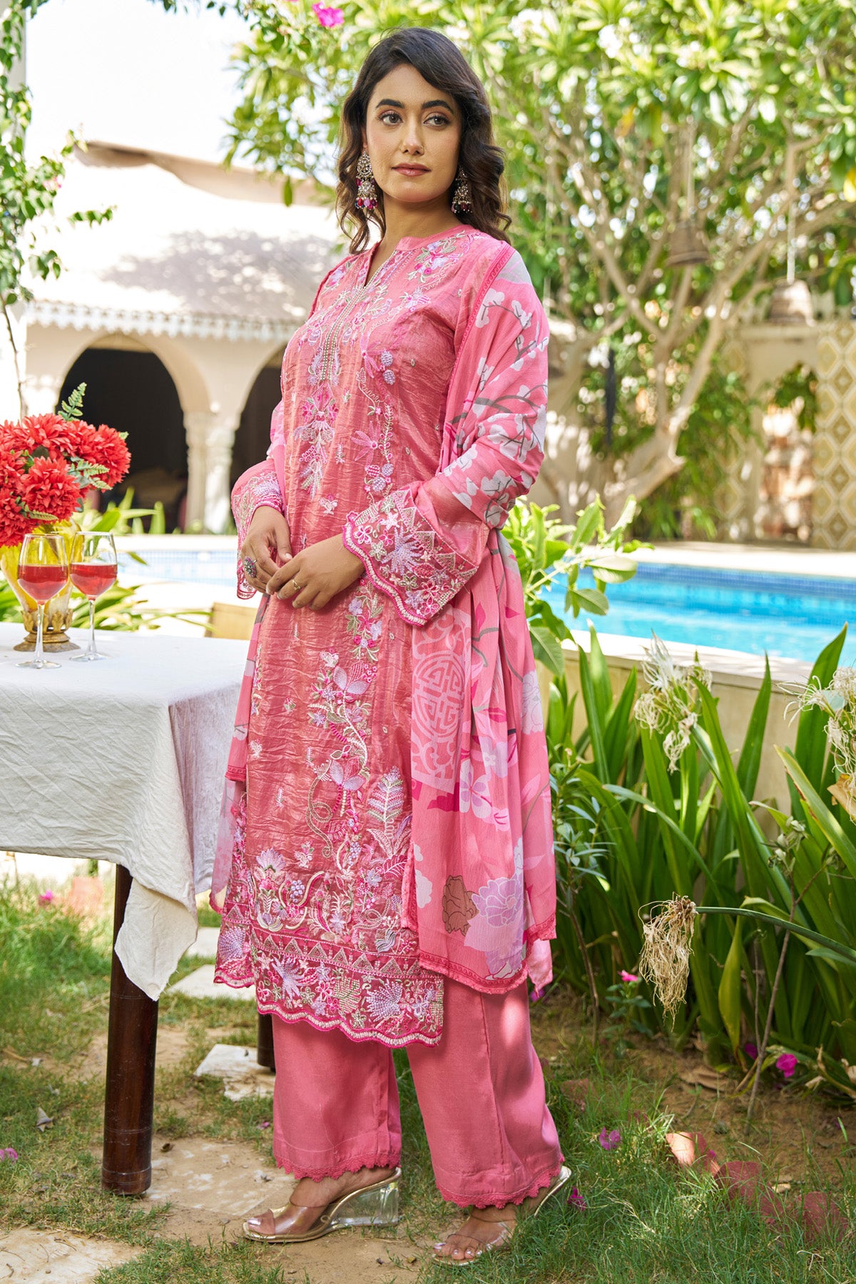 Pink	Goldcrush Embroidered Suit Set With Dupatta