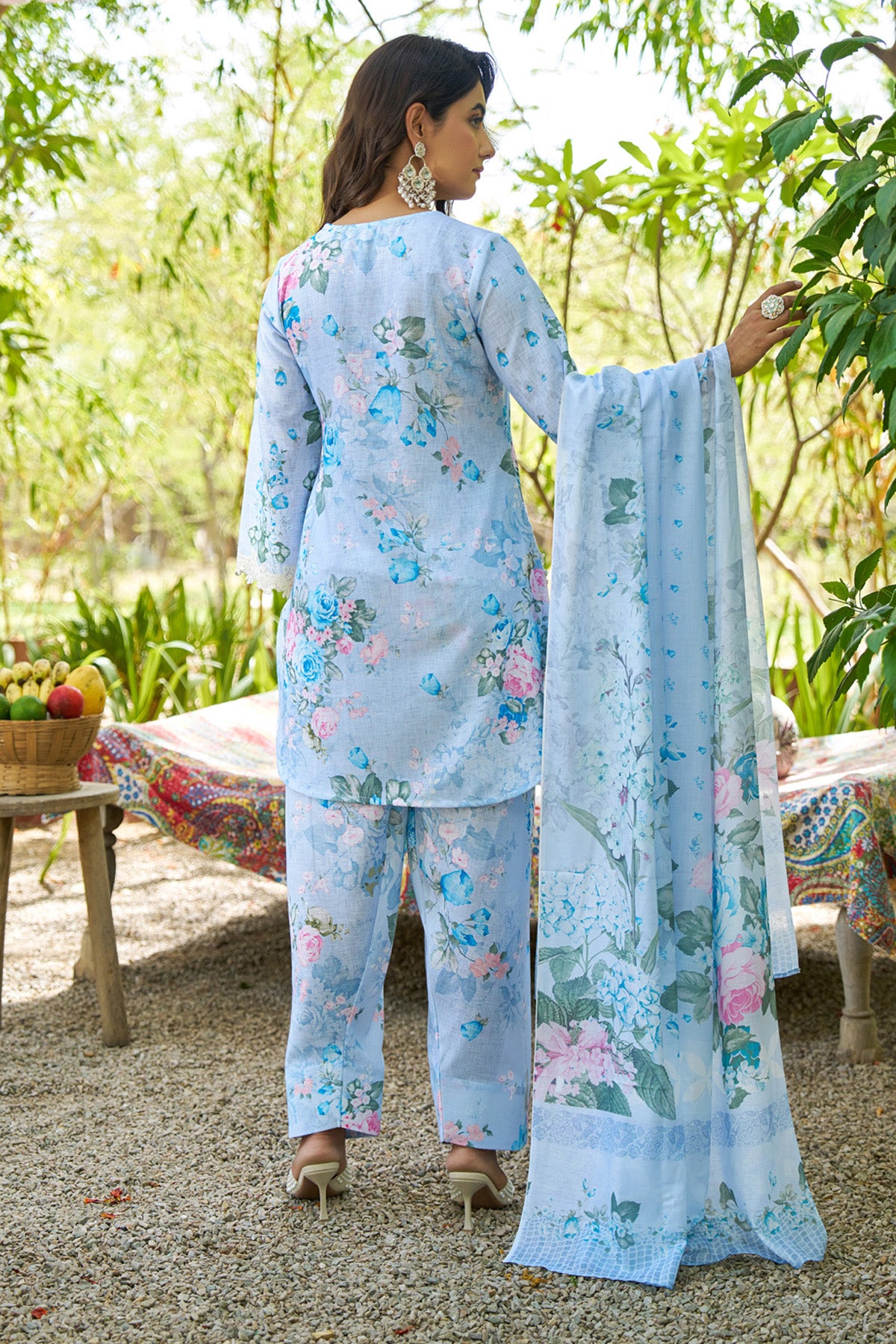 Sky Blue linen embroidered Farshi Suit Set With Dupatta