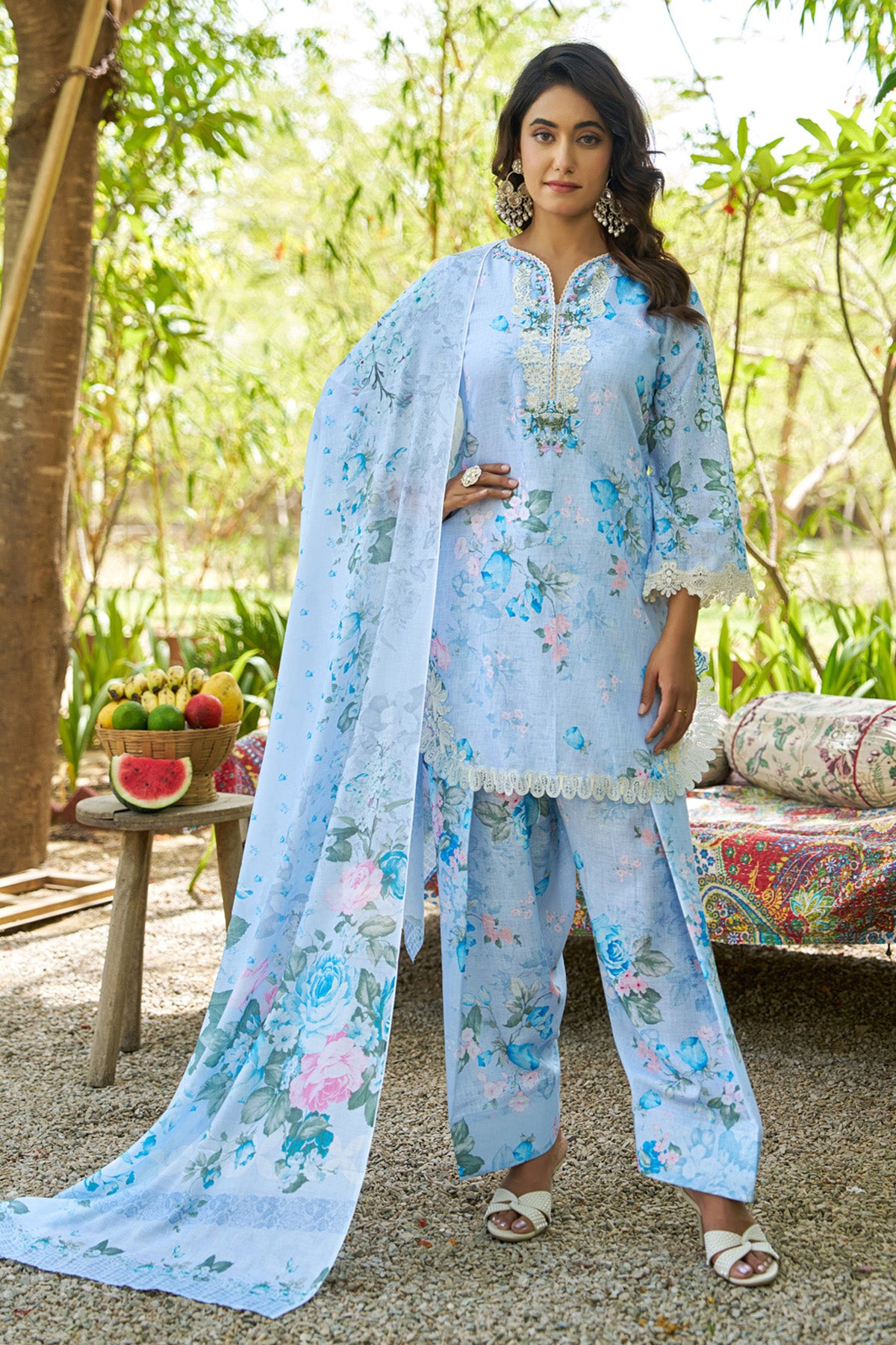 Sky Blue linen embroidered Farshi Suit Set With Dupatta