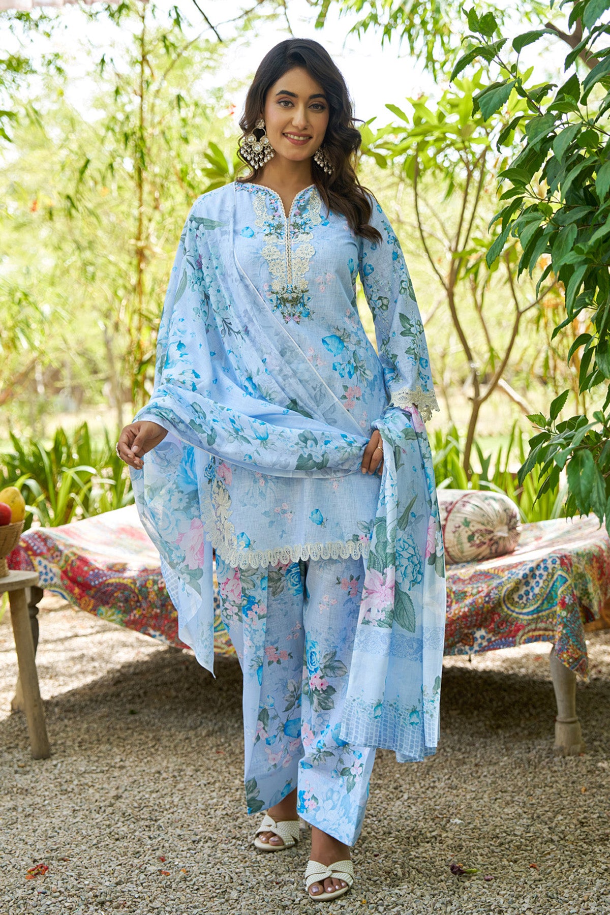Sky Blue linen embroidered Farshi Suit Set With Dupatta