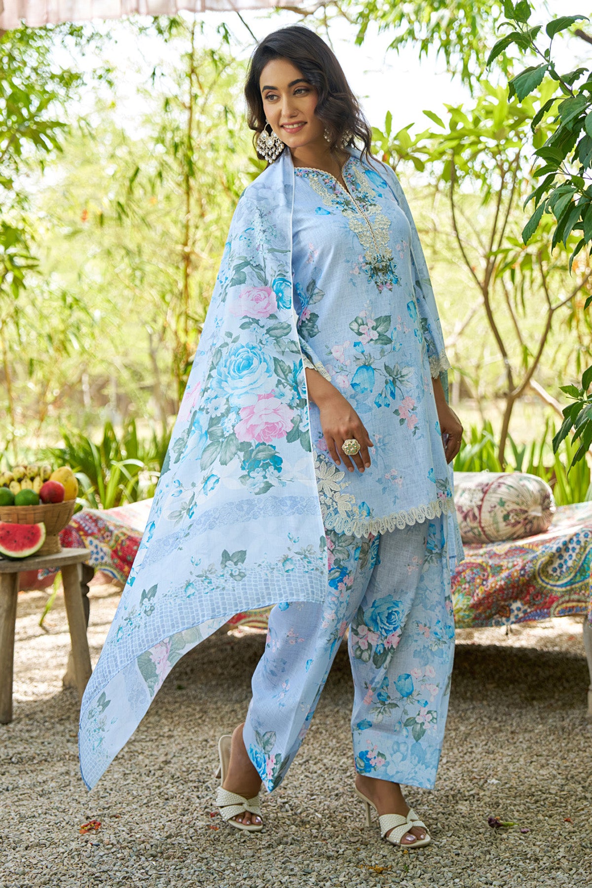 Sky Blue linen embroidered Farshi Suit Set With Dupatta