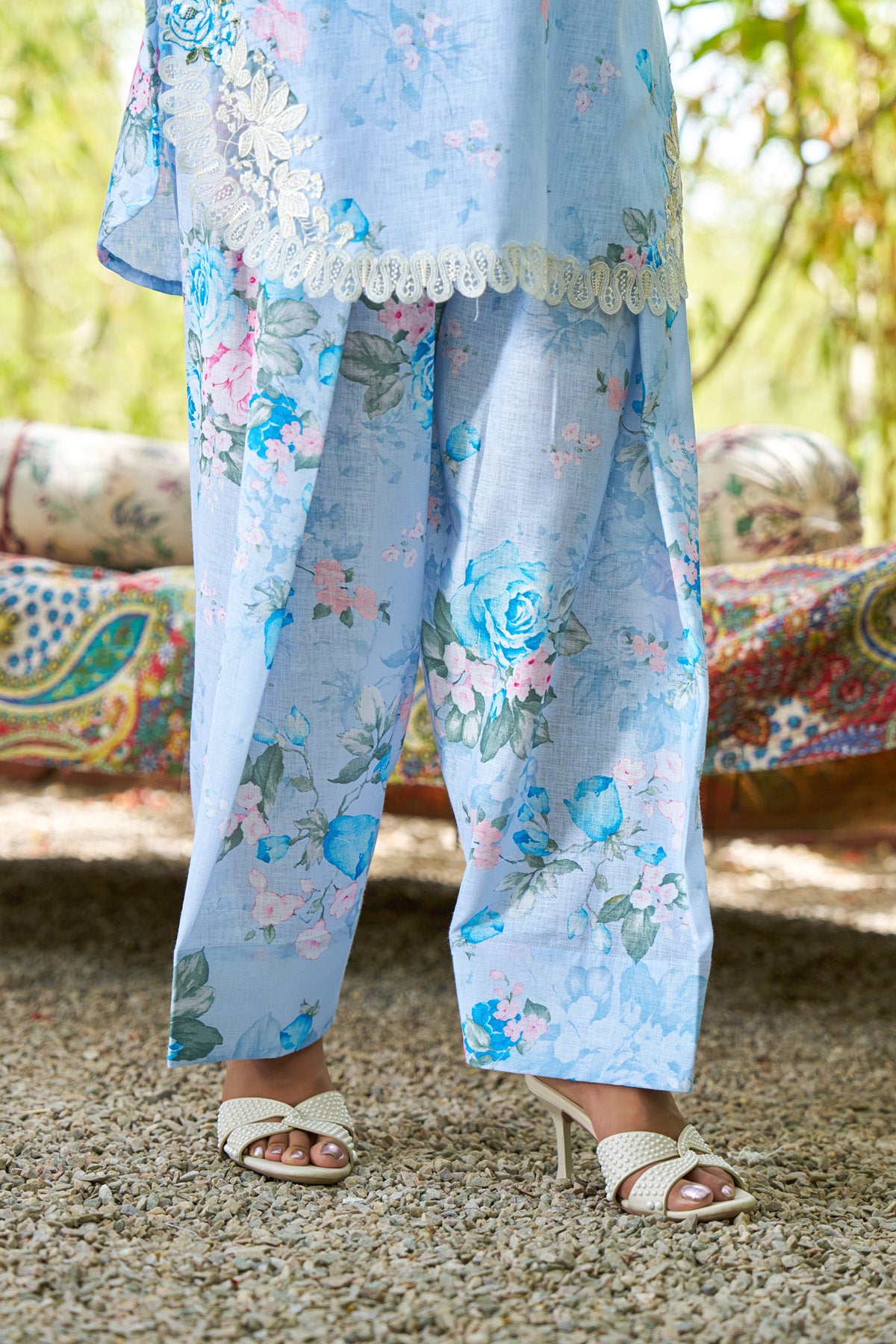 Sky Blue linen embroidered Farshi Suit Set With Dupatta