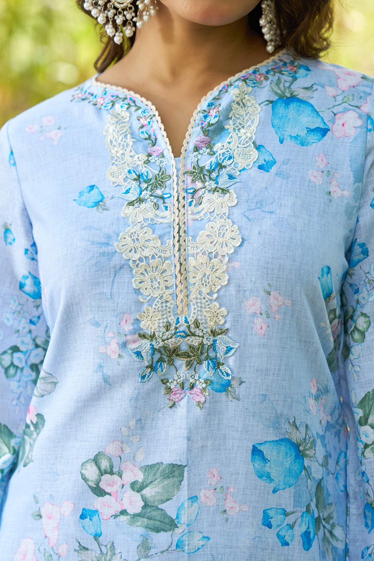 Sky Blue linen embroidered Farshi Suit Set With Dupatta