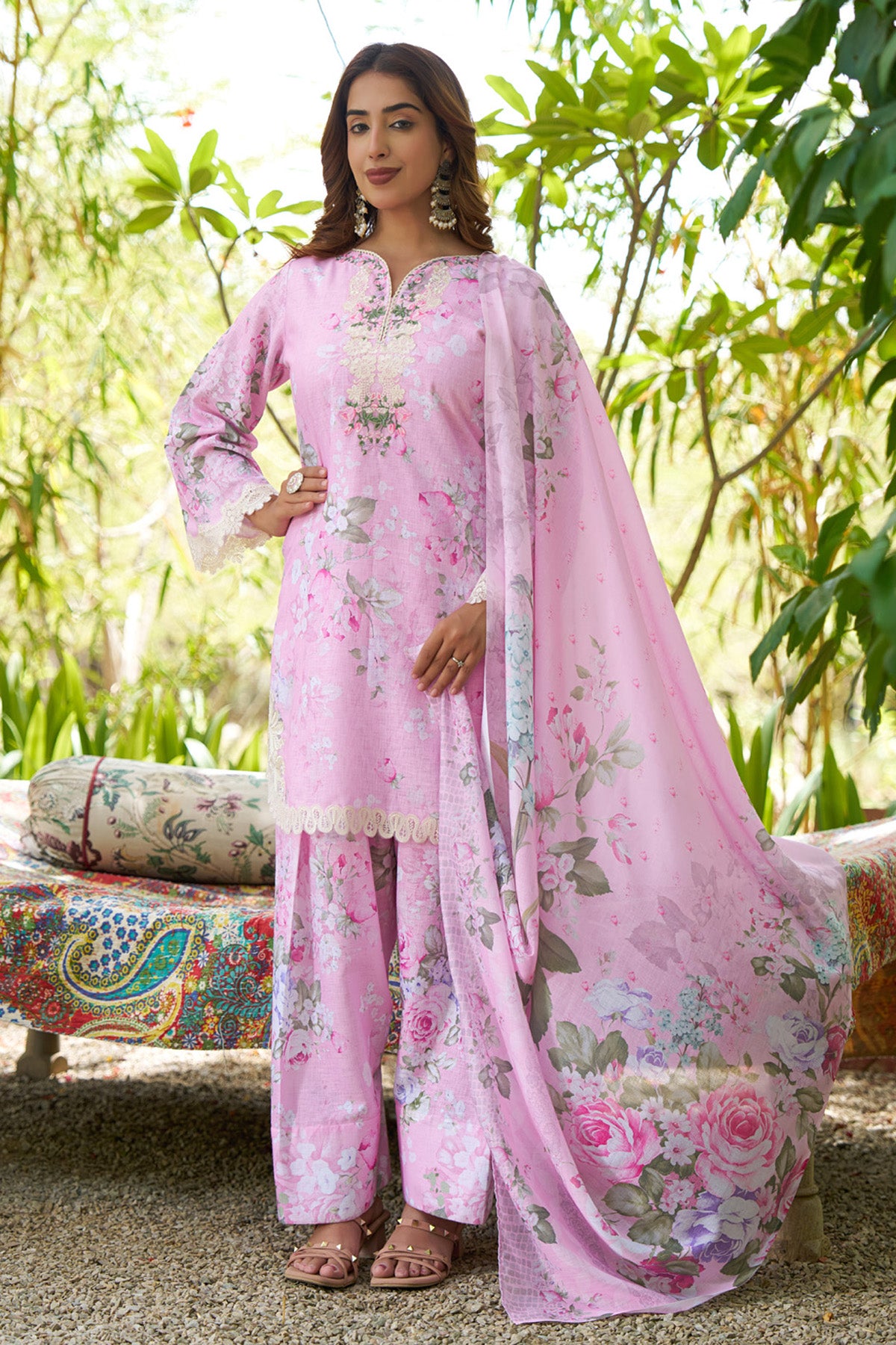 pink linen embroidered Farshi Suit Set With Dupatta