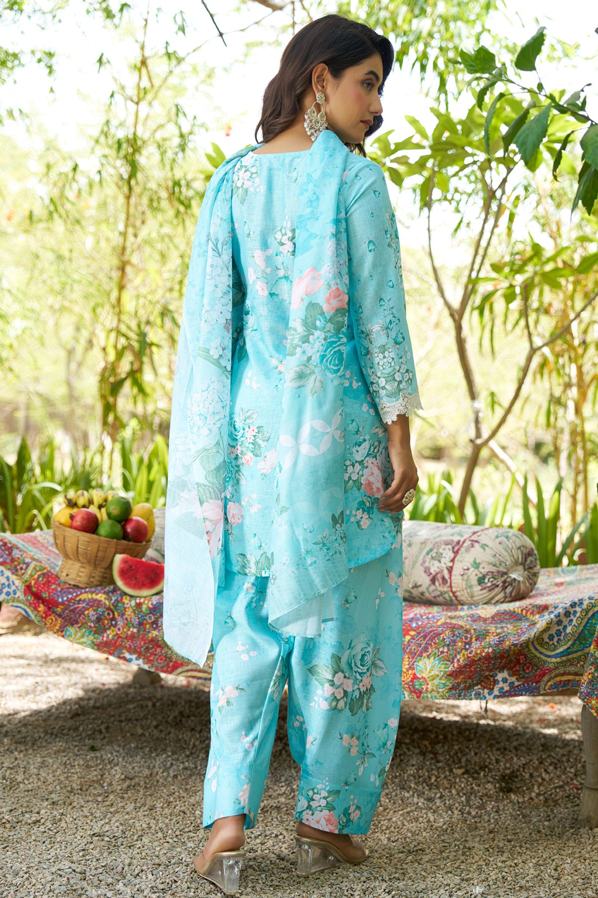 Aqua Blue linen embroidered Farshi Suit Set With Dupatta