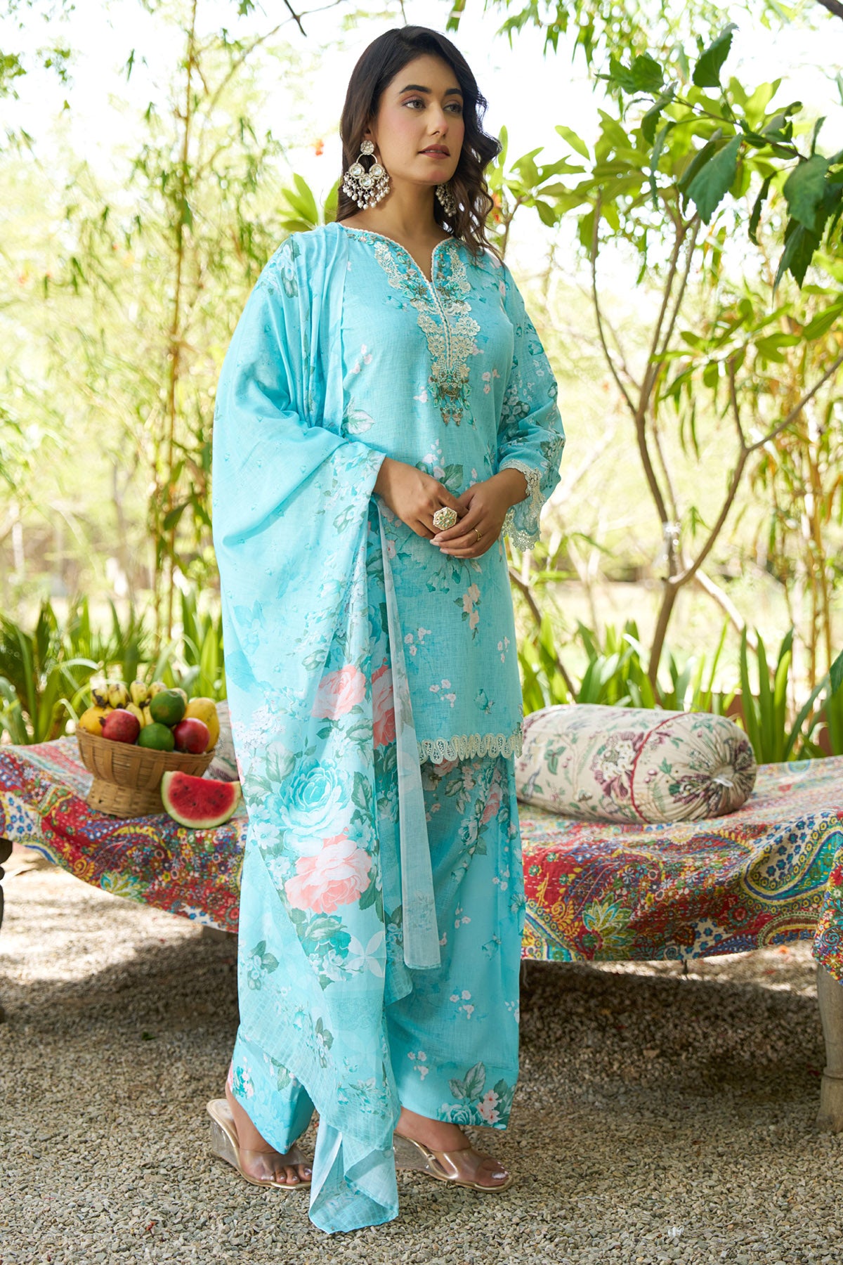 Aqua Blue linen embroidered Farshi Suit Set With Dupatta