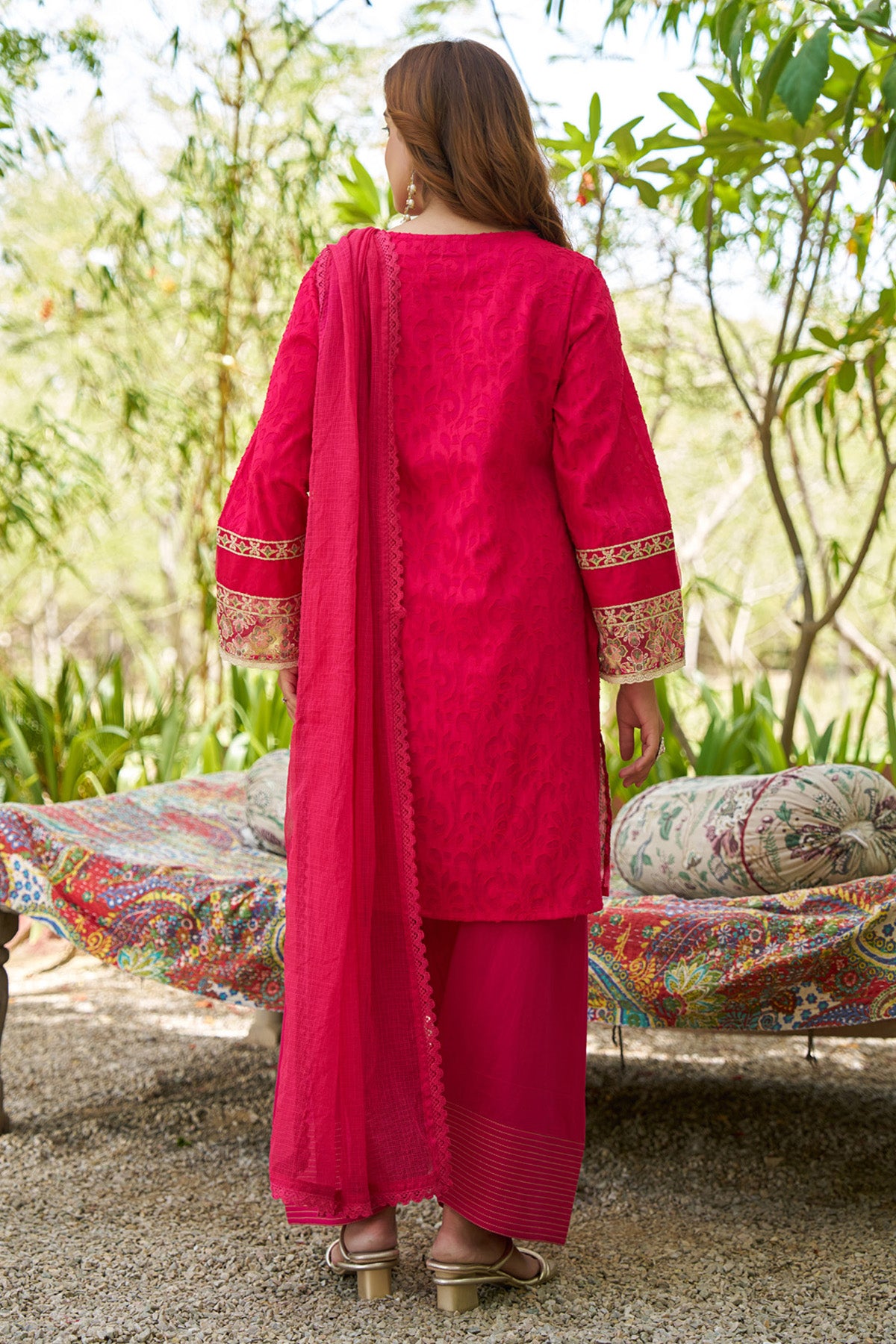 Red cotton embroidered Farshi Suit Set With Dupatta
