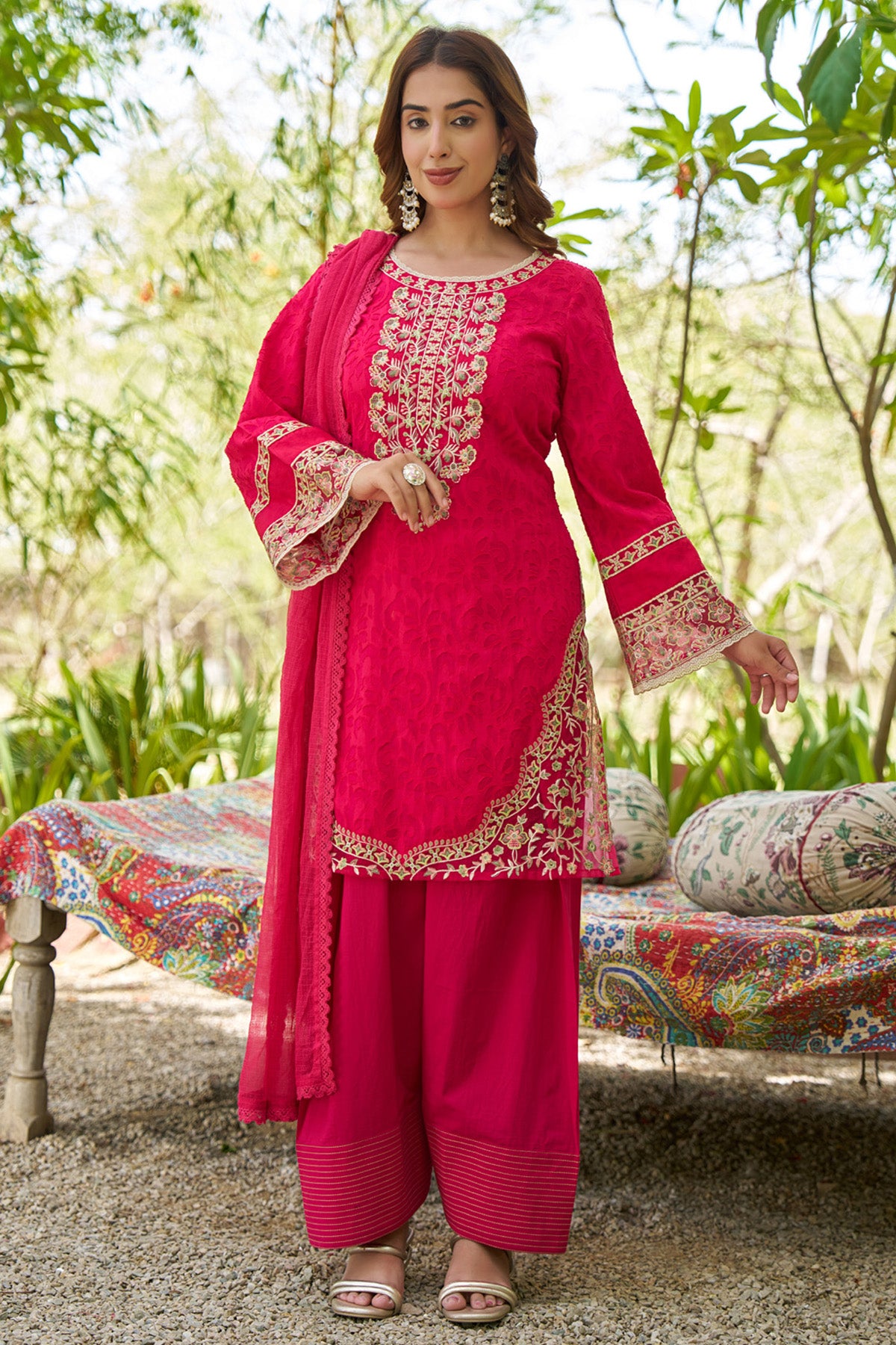 Red cotton embroidered Farshi Suit Set With Dupatta
