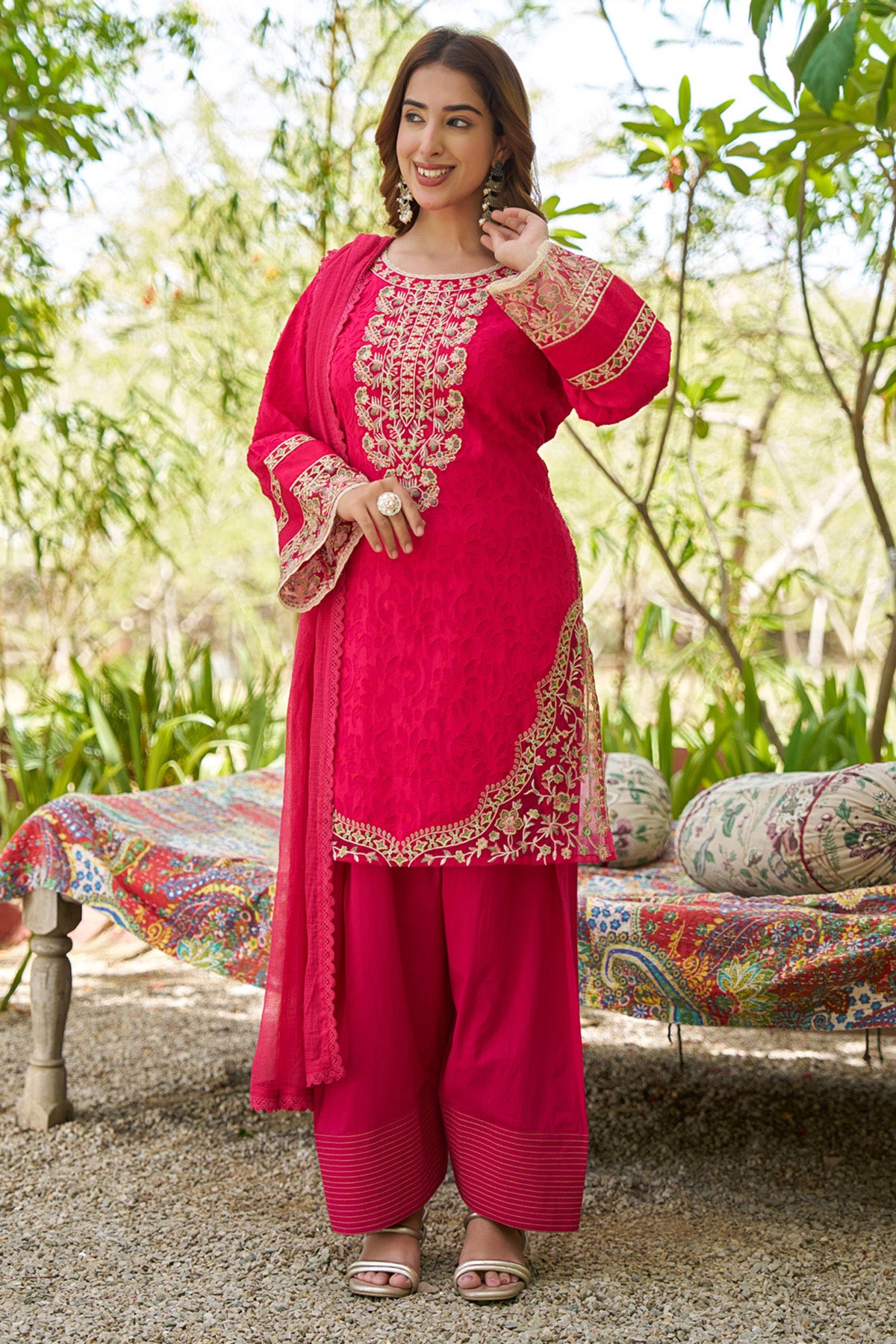 Red cotton embroidered Farshi Suit Set With Dupatta