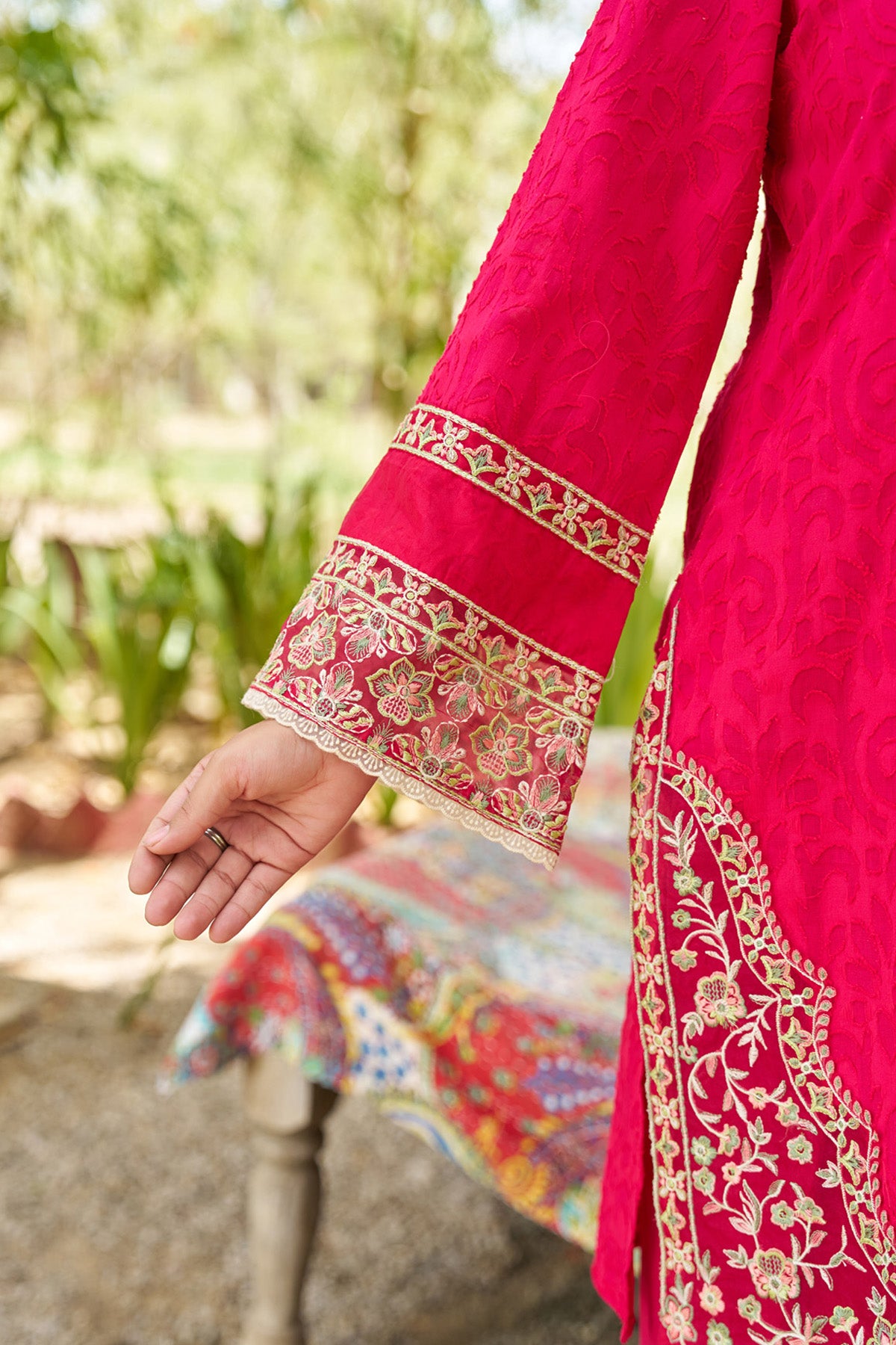 Red cotton embroidered Farshi Suit Set With Dupatta