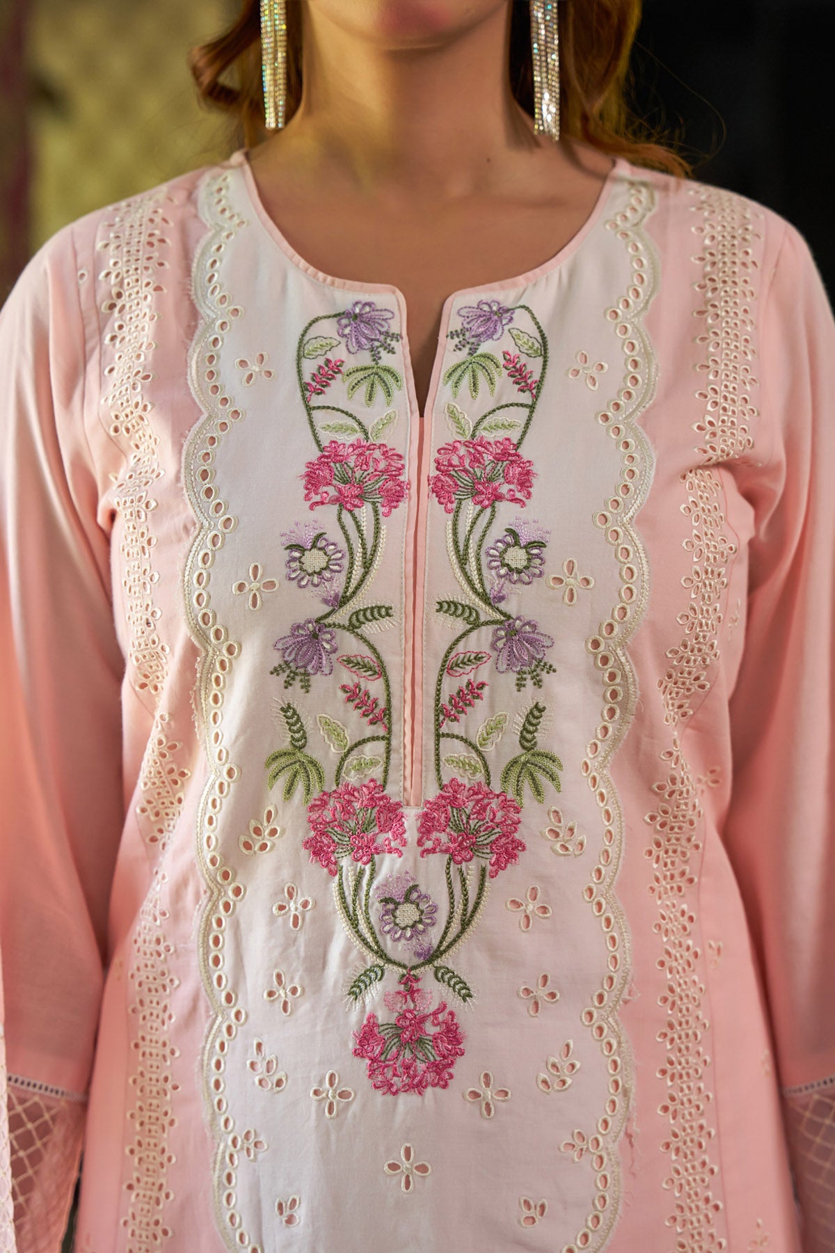 Pink Cotton Embroidered Suit Set