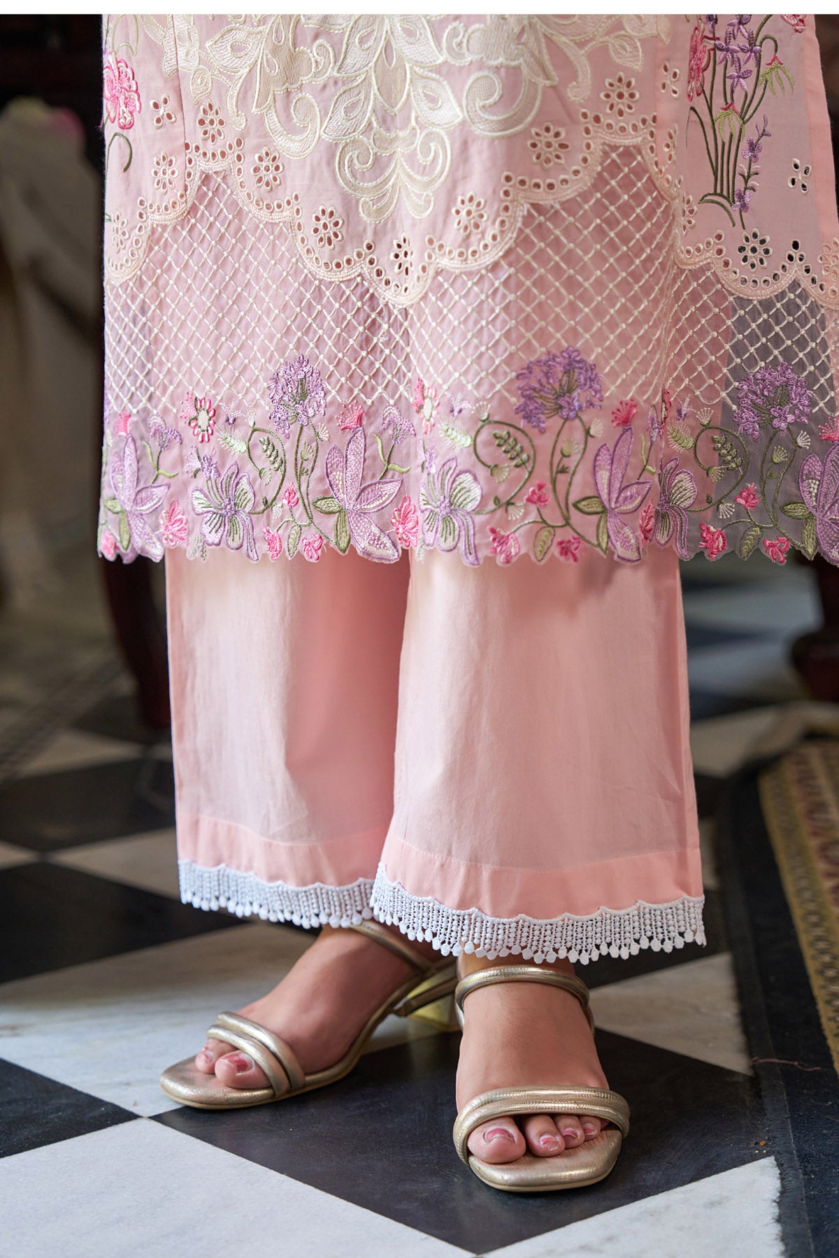 Pink Cotton Embroidered Suit Set