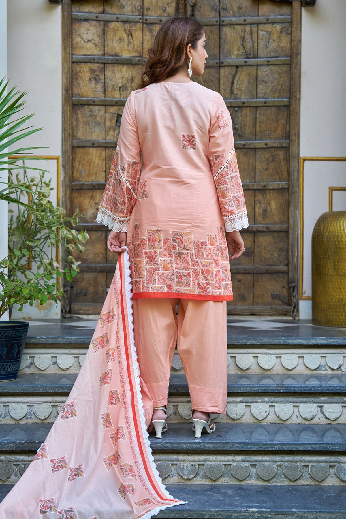 Peach Cotton Handwork Suit Set