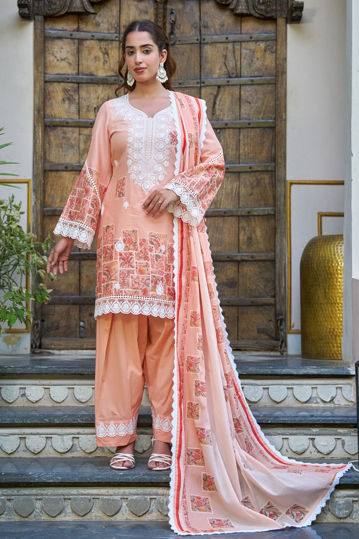 Peach Cotton Handwork Suit Set
