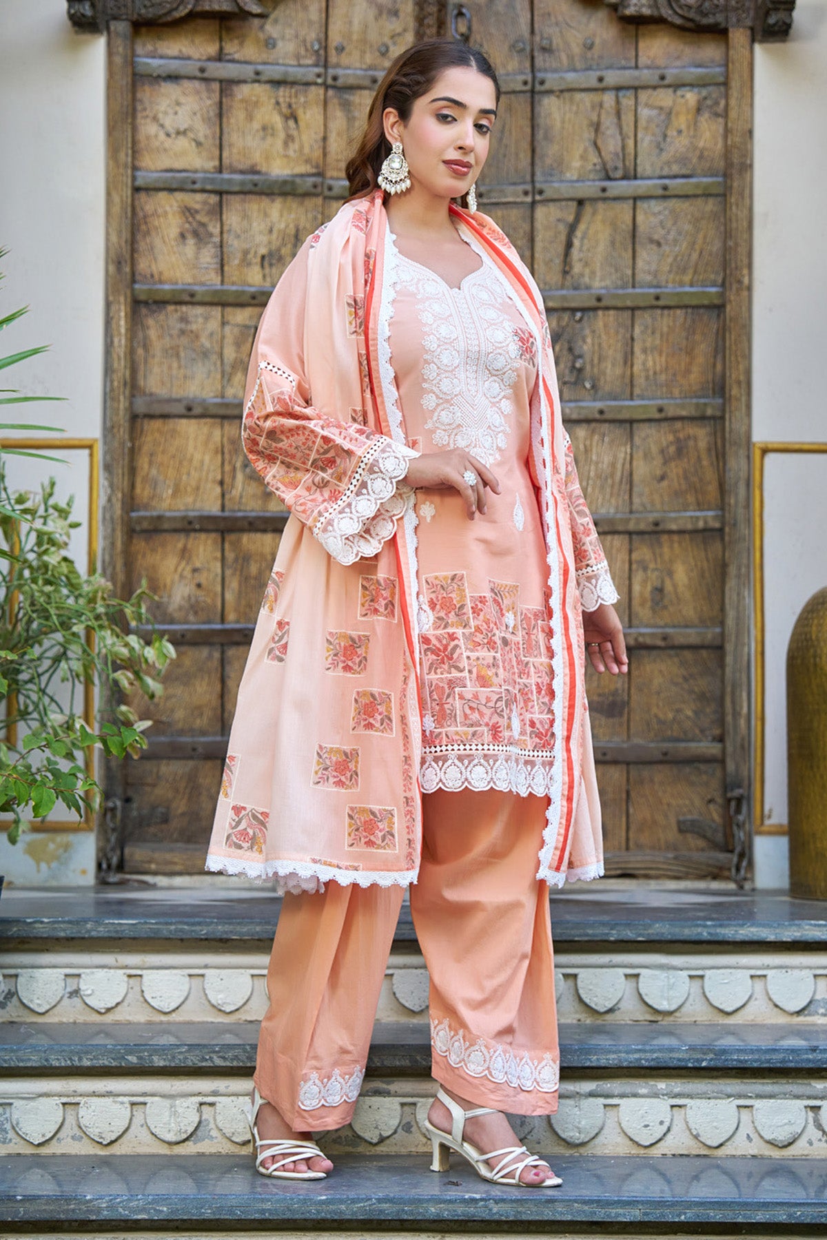Peach Cotton Handwork Suit Set