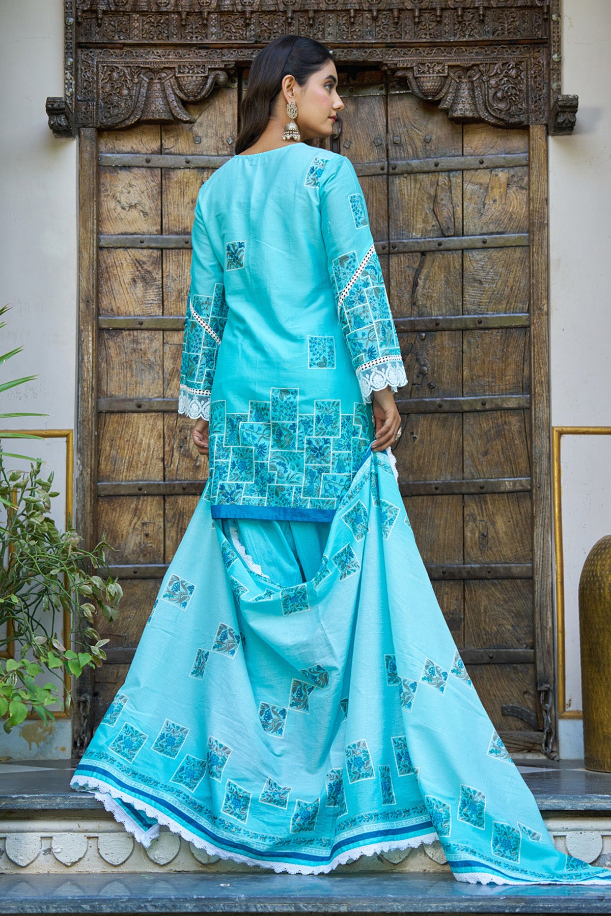 Sky Blue Cotton Handwork Suit Set