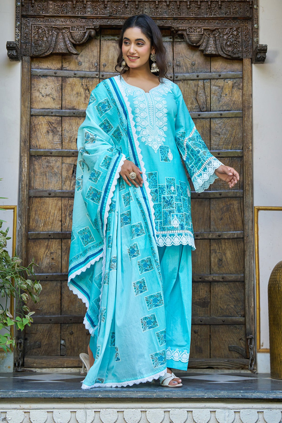 Sky Blue Cotton Handwork Suit Set