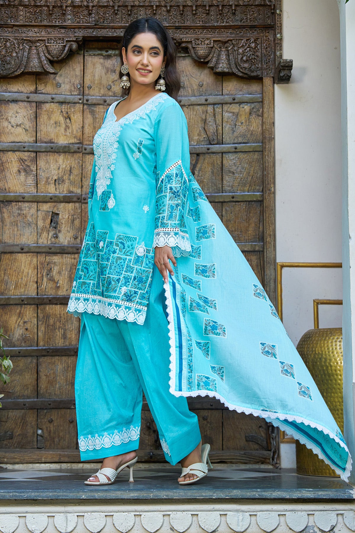 Sky Blue Cotton Handwork Suit Set