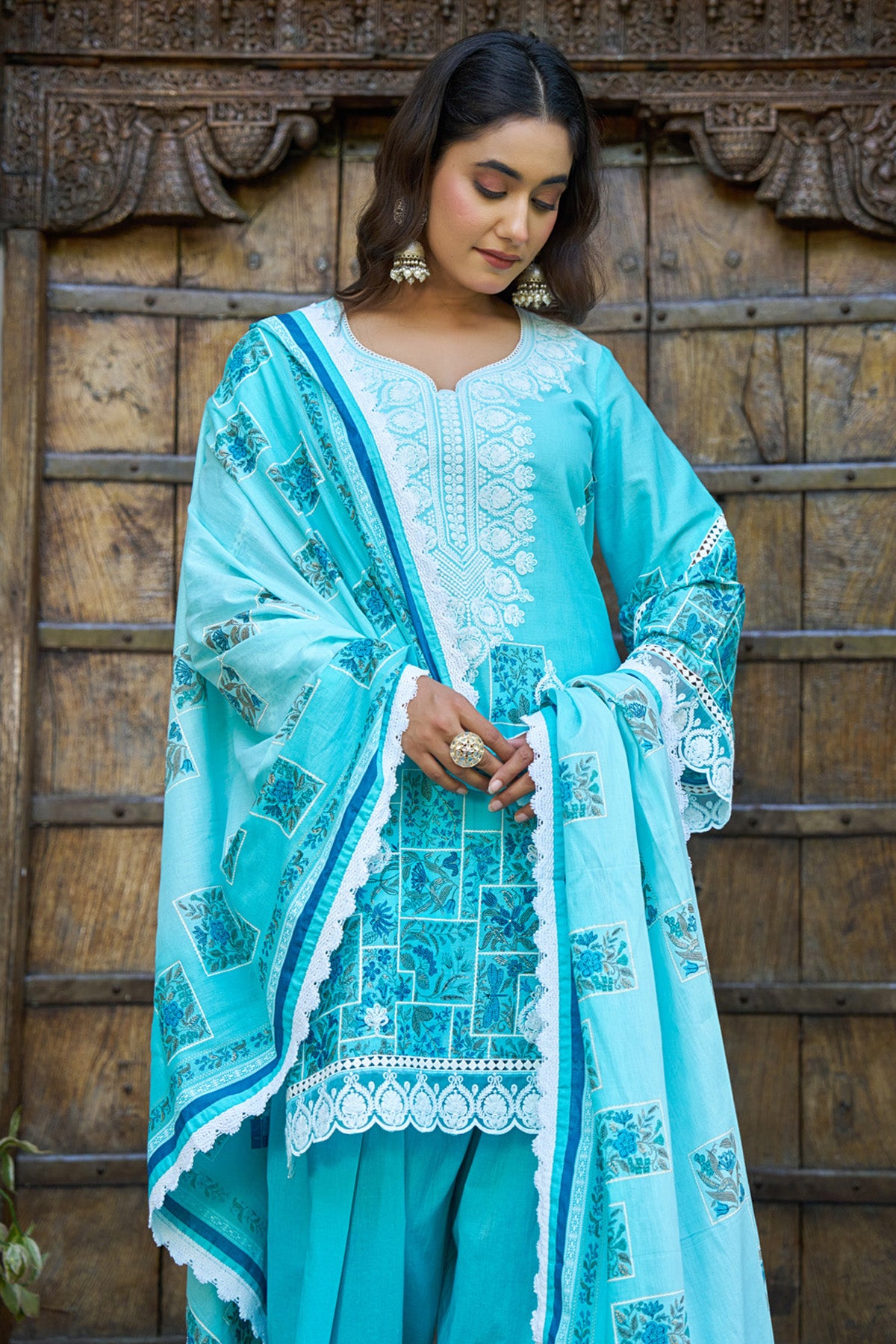 Sky Blue Cotton Handwork Suit Set