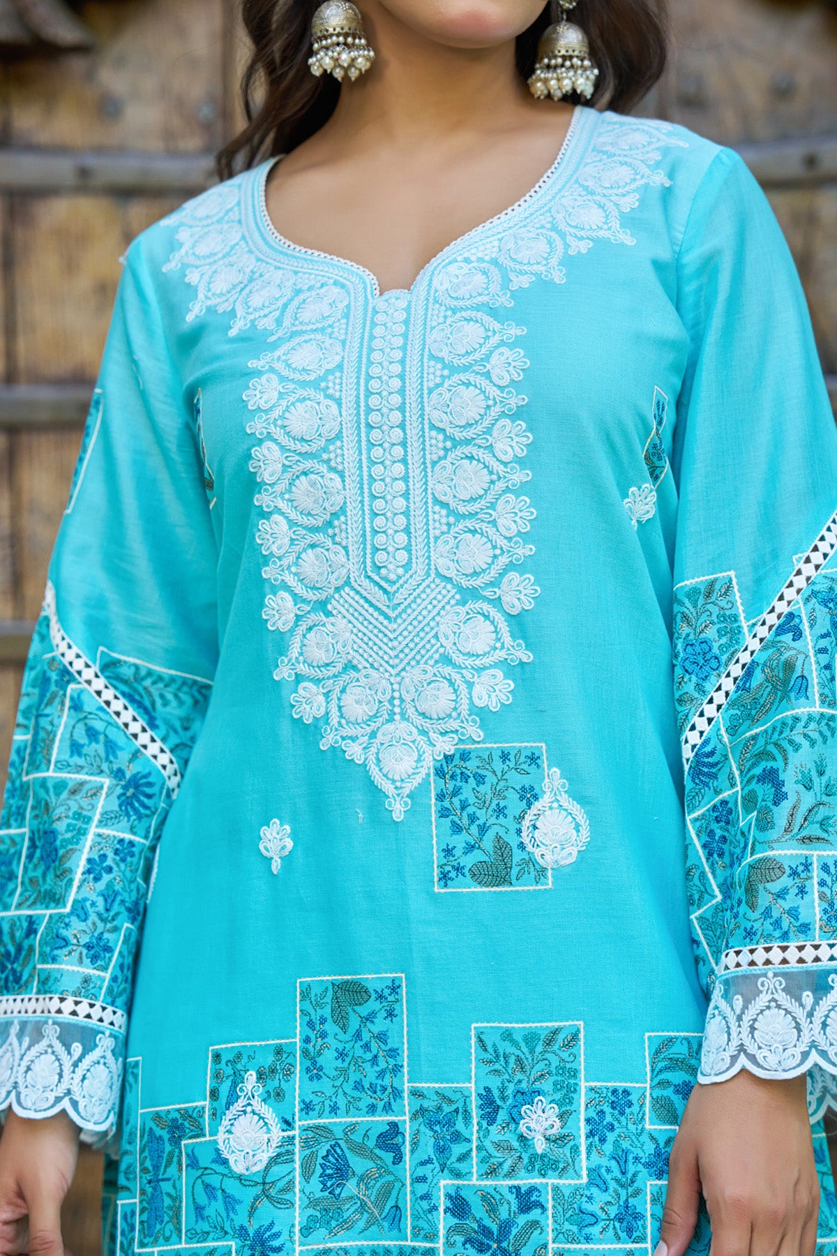 Sky Blue Cotton Handwork Suit Set