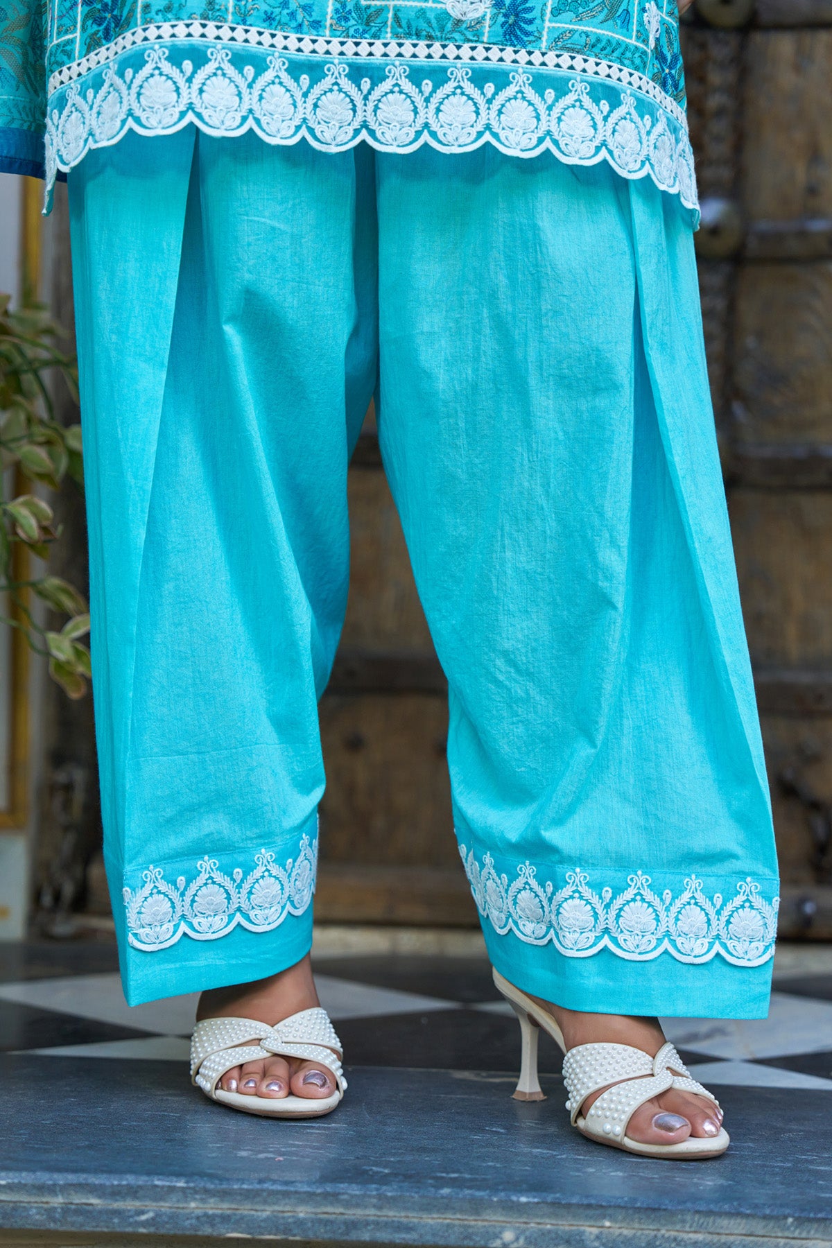Sky Blue Cotton Handwork Suit Set
