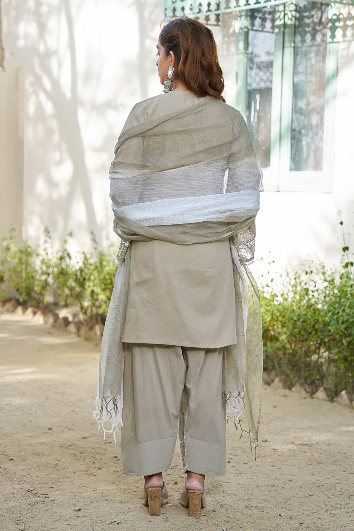 Grey cotton embroidered Farshi Suit Set With Dupatta
