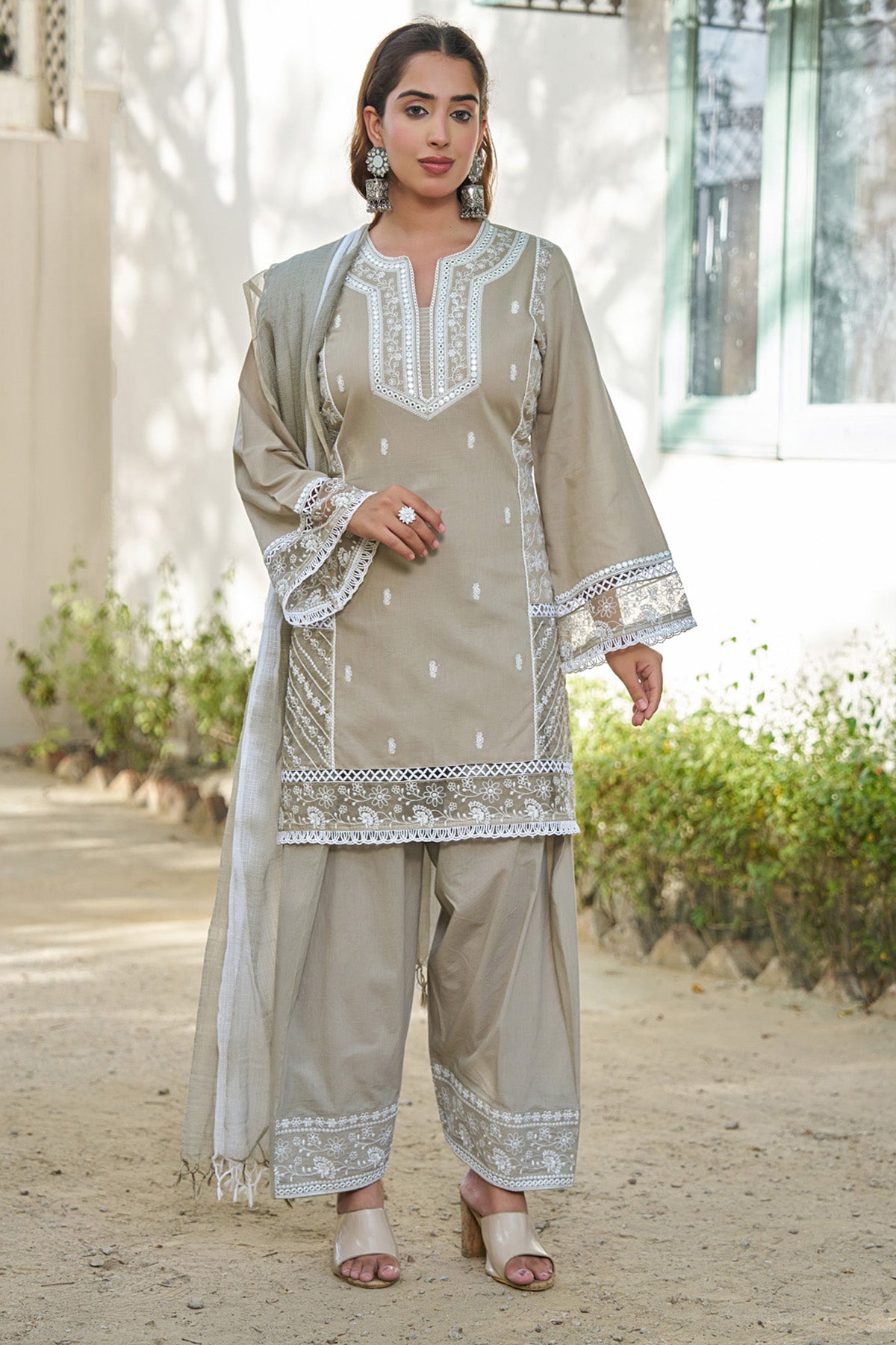 Grey cotton embroidered Farshi Suit Set With Dupatta